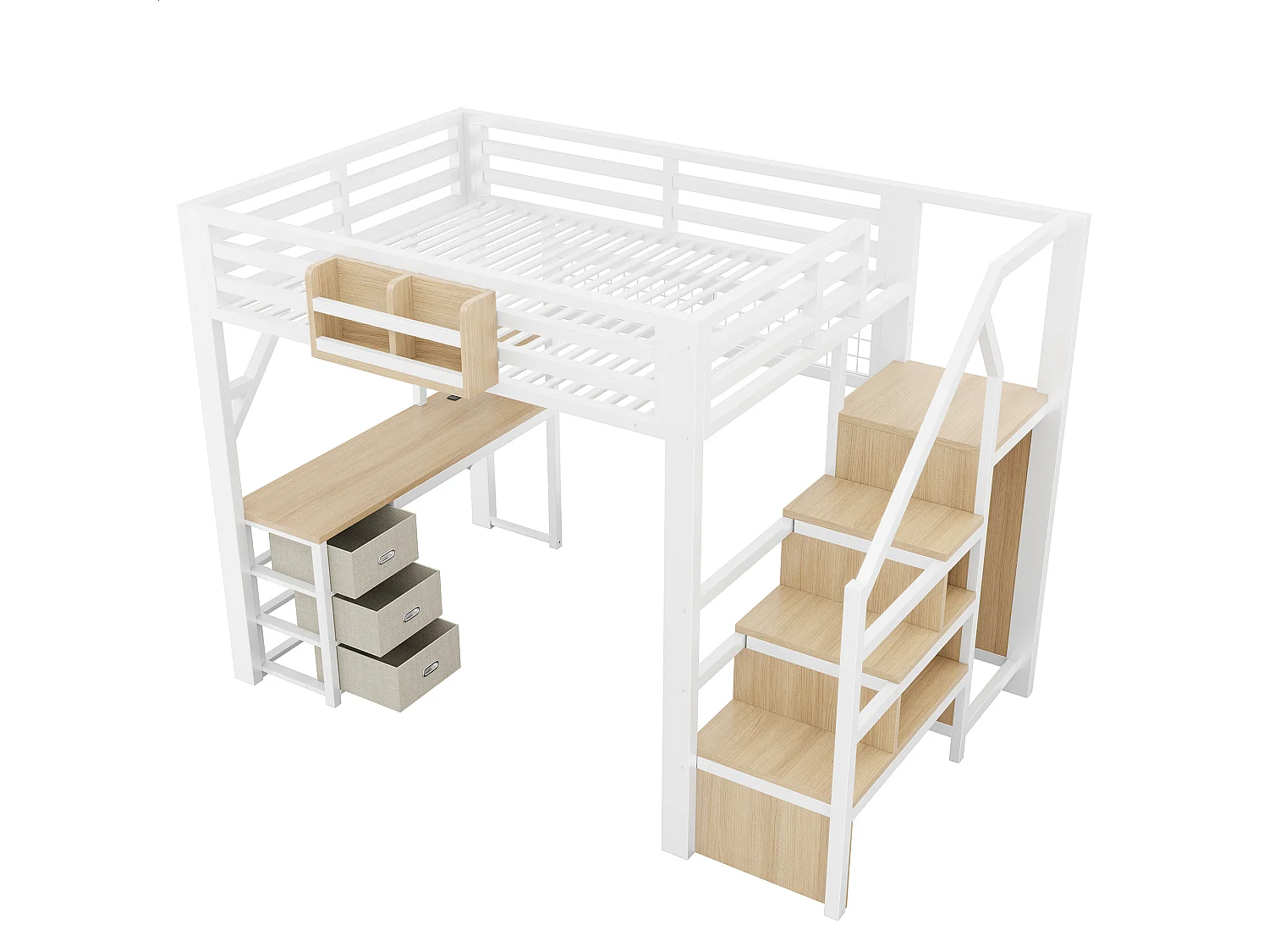 Loft bed 140 x 200 cm with desk, wardrobe, 3 fabric drawers and LED lighting - Metal - White (Mattress not included)