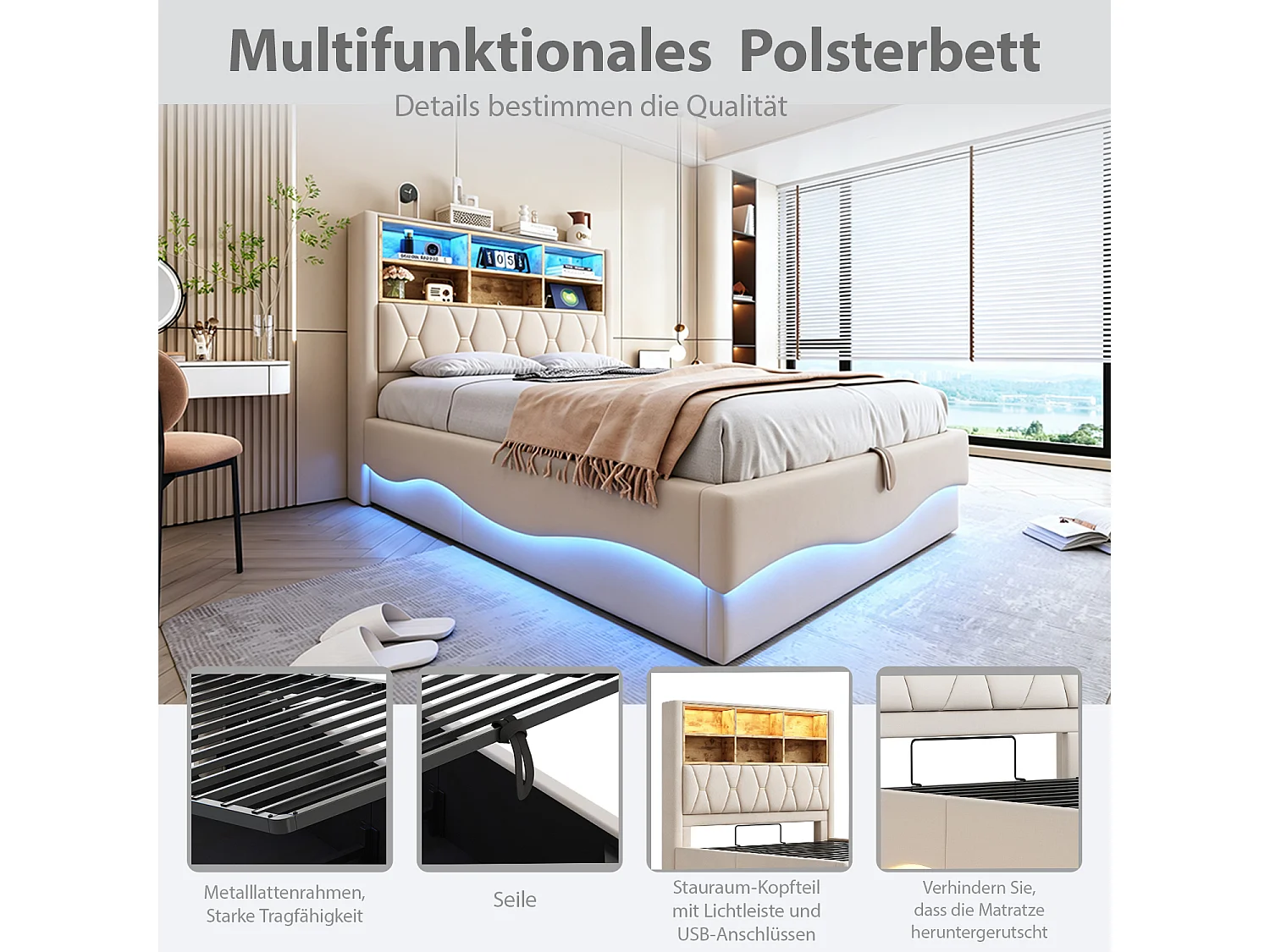Łóżko z pojemnikiem o wymiarach 140 x 200 cm, półkami, portem USB i oświetleniem LED sterowanym aplikacją – len – beż (materac nie jest wliczony w cenę)