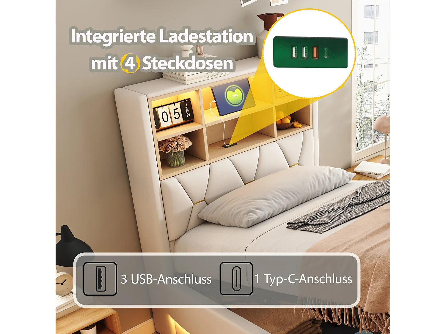 Łóżko z pojemnikiem o wymiarach 140 x 200 cm, półkami, portem USB i oświetleniem LED sterowanym aplikacją – len – beż (materac nie jest wliczony w cenę)