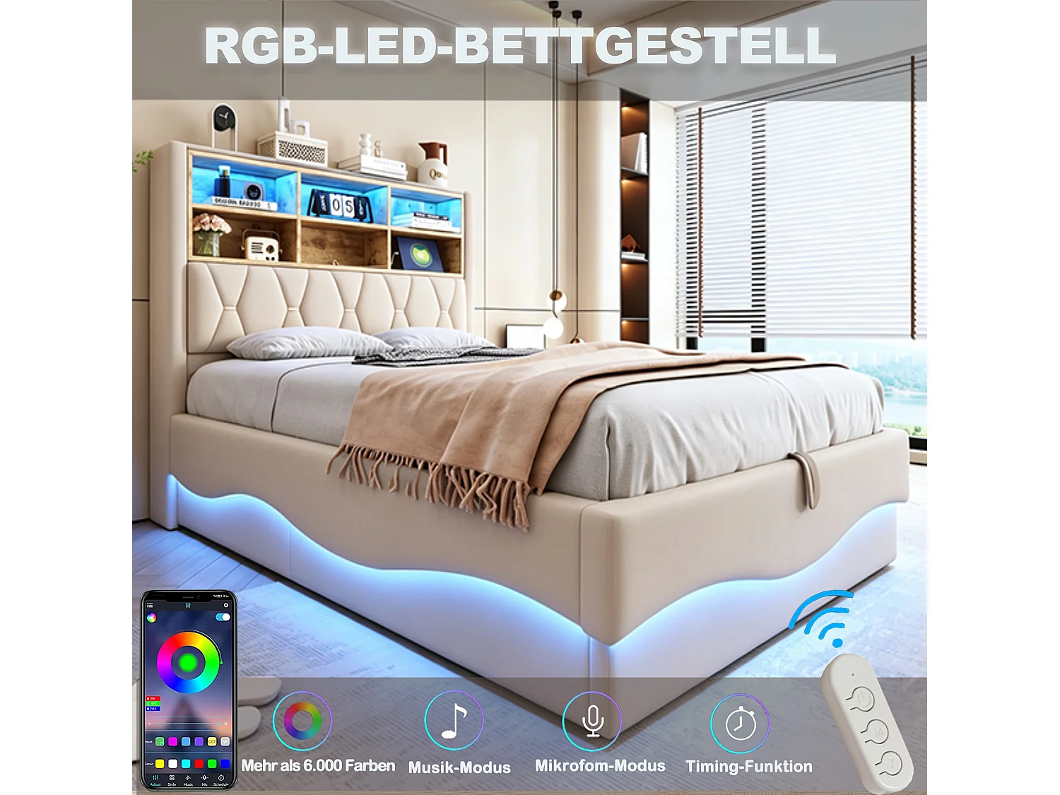 Łóżko z pojemnikiem o wymiarach 140 x 200 cm, półkami, portem USB i oświetleniem LED sterowanym aplikacją – len – beż (materac nie jest wliczony w cenę)
