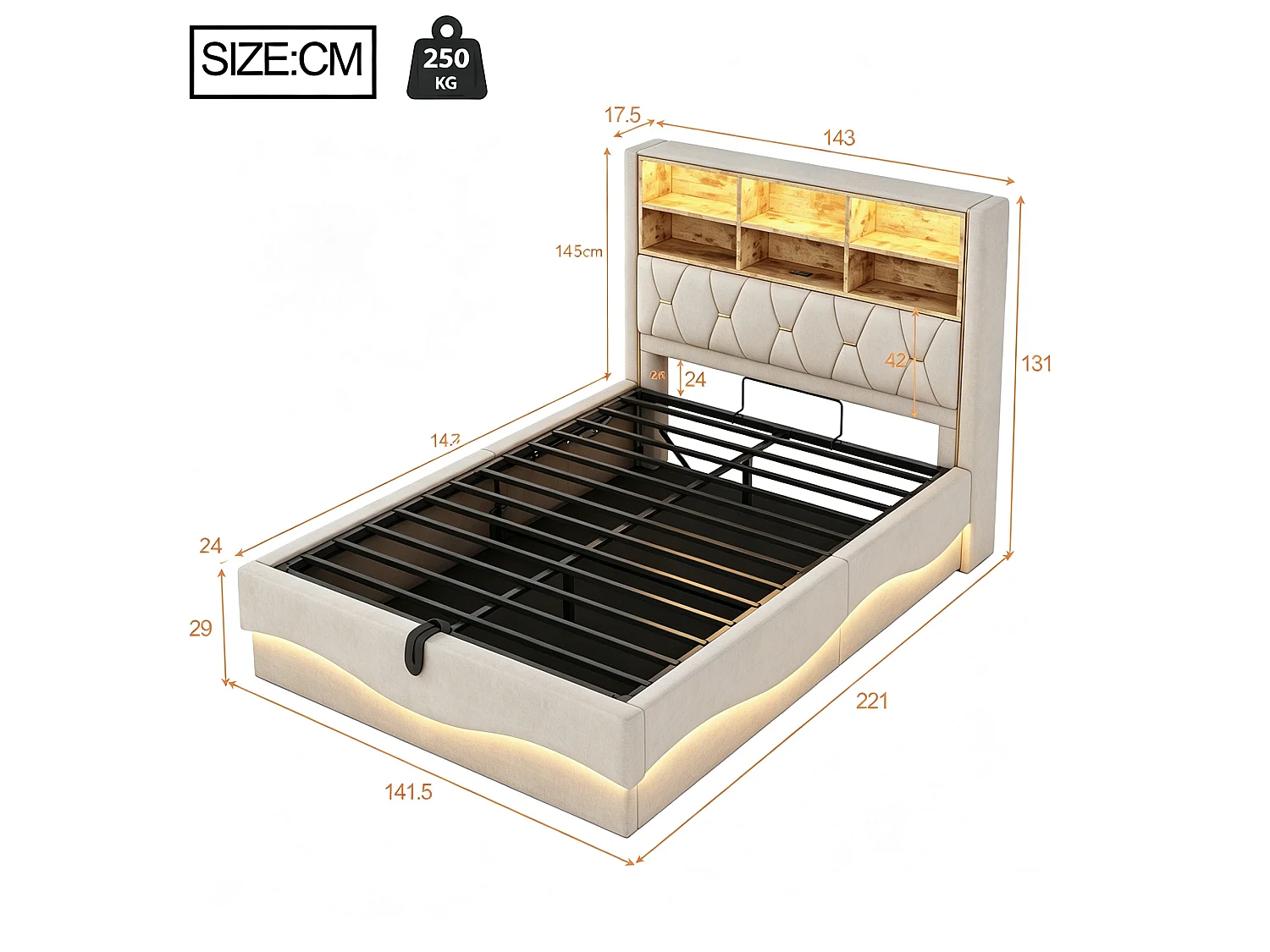 Łóżko z pojemnikiem o wymiarach 140 x 200 cm, półkami, portem USB i oświetleniem LED sterowanym aplikacją – len – beż (materac nie jest wliczony w cenę)