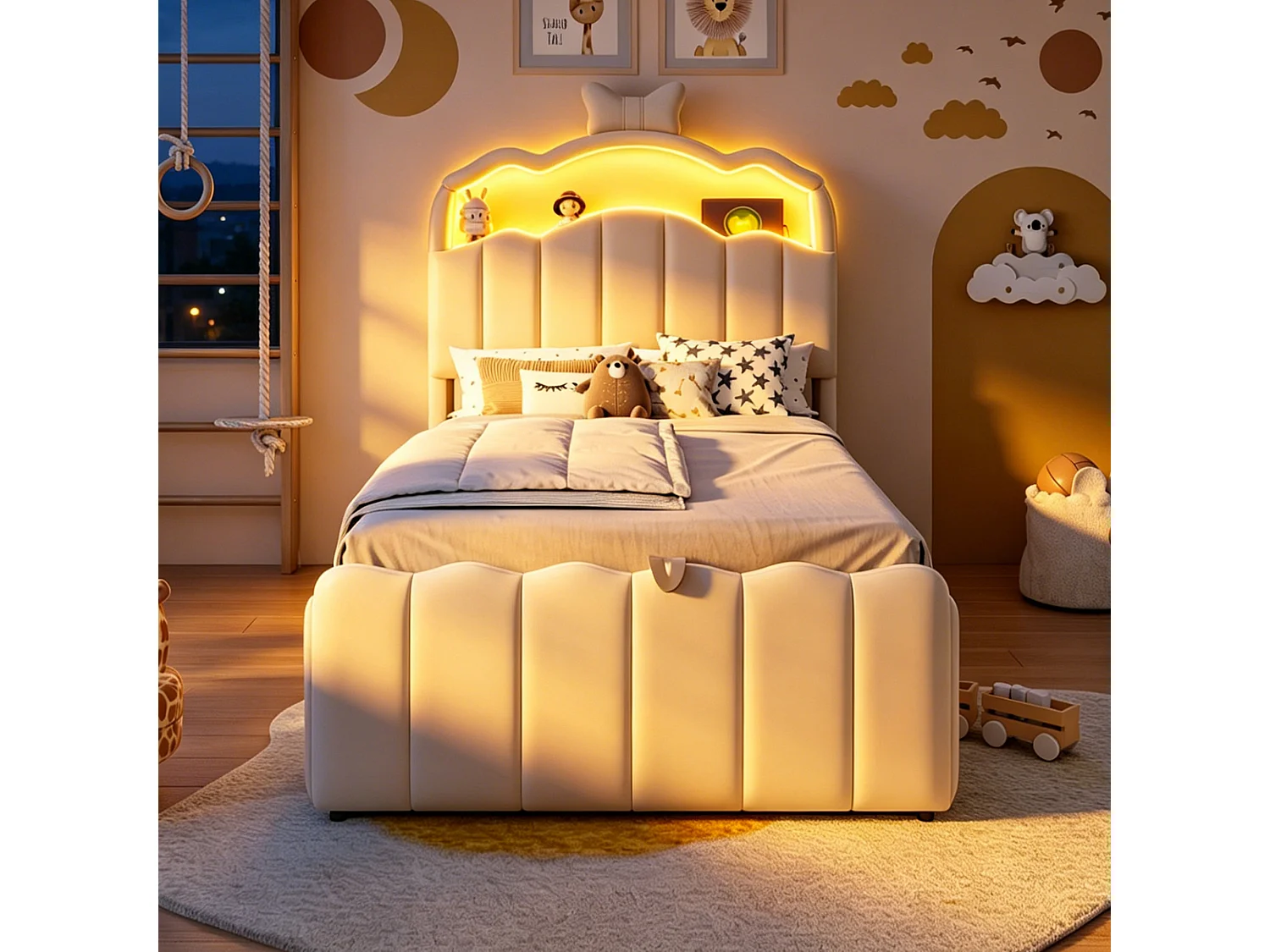 90 x 200 cm säng med förvaring och öppningsbar huvudgavel, USB- och USB-C-portar, LED-belysning - Sammet + MDF + metall - Beige (Madrass ingår ej)