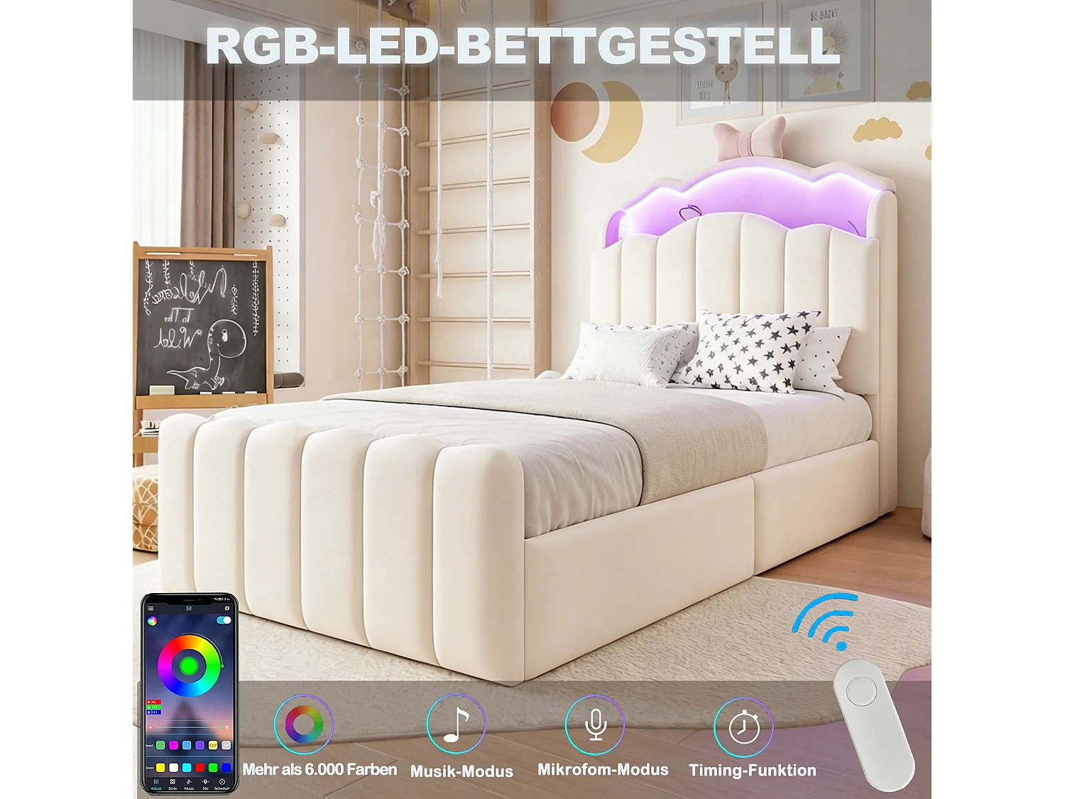 90 x 200 cm säng med förvaring och öppningsbar huvudgavel, USB- och USB-C-portar, LED-belysning - Sammet + MDF + metall - Beige (Madrass ingår ej)