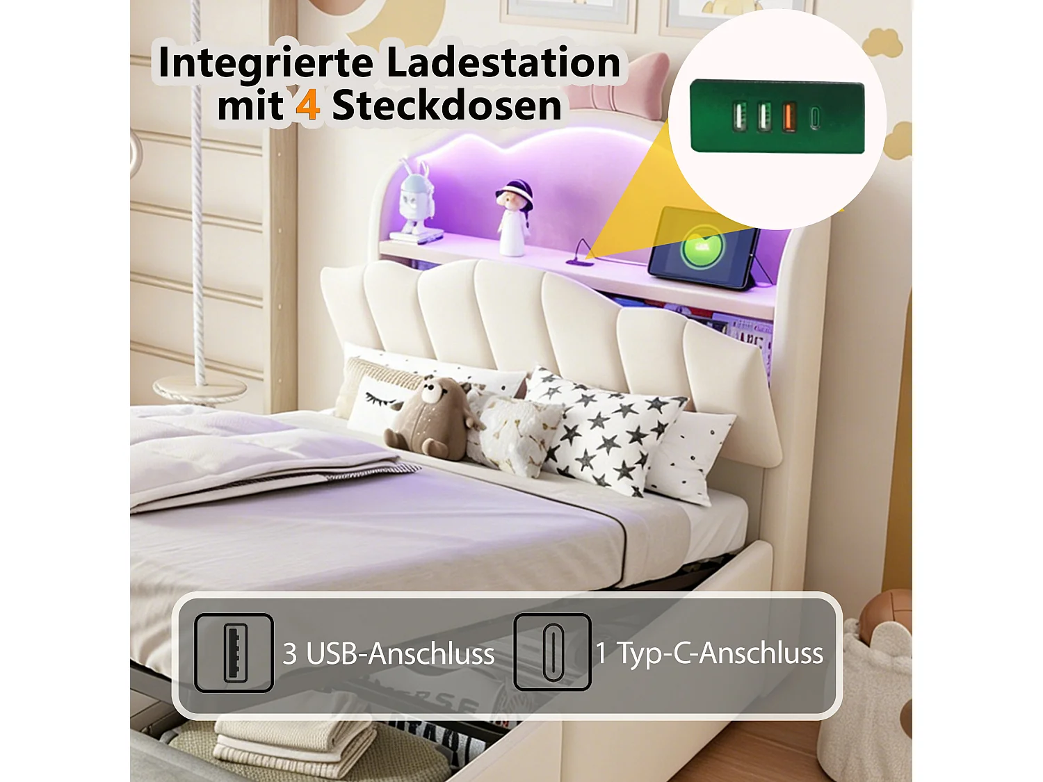 90 x 200 cm säng med förvaring och öppningsbar huvudgavel, USB- och USB-C-portar, LED-belysning - Sammet + MDF + metall - Beige (Madrass ingår ej)