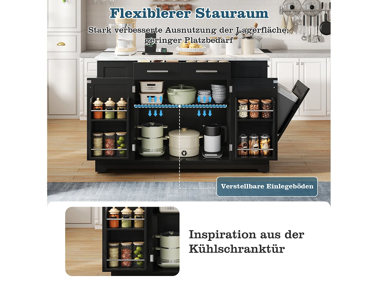 Mobil køkkenø med nedfældbar top, USB/USB-C port - Udtrækskasse, 2 døre og 2 skuffer - 138 x 56/86 x 92 cm - MDF - Sort og hvid