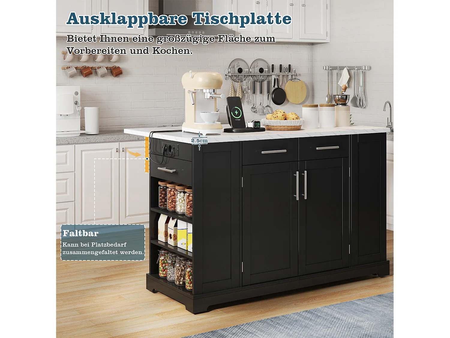 Mobil køkkenø med nedfældbar top, USB/USB-C port - Udtrækskasse, 2 døre og 2 skuffer - 138 x 56/86 x 92 cm - MDF - Sort og hvid