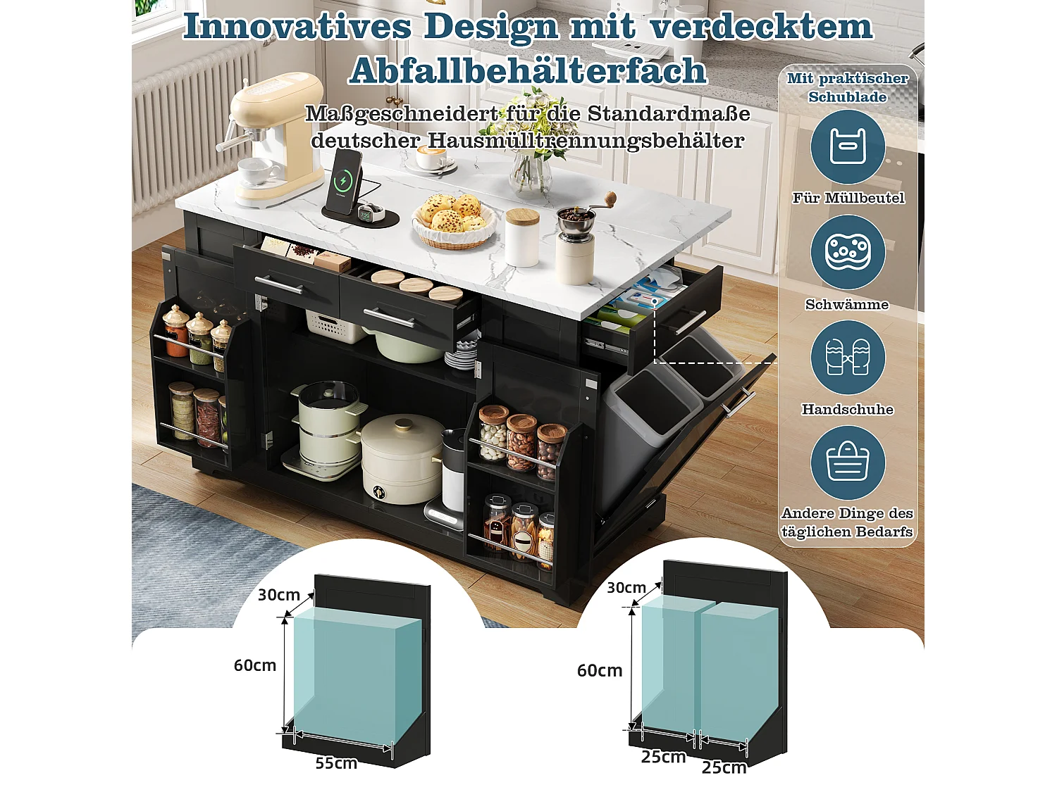 Mobil køkkenø med nedfældbar top, USB/USB-C port - Udtrækskasse, 2 døre og 2 skuffer - 138 x 56/86 x 92 cm - MDF - Sort og hvid