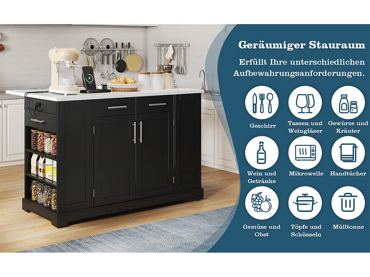 Mobil køkkenø med nedfældbar top, USB/USB-C port - Udtrækskasse, 2 døre og 2 skuffer - 138 x 56/86 x 92 cm - MDF - Sort og hvid