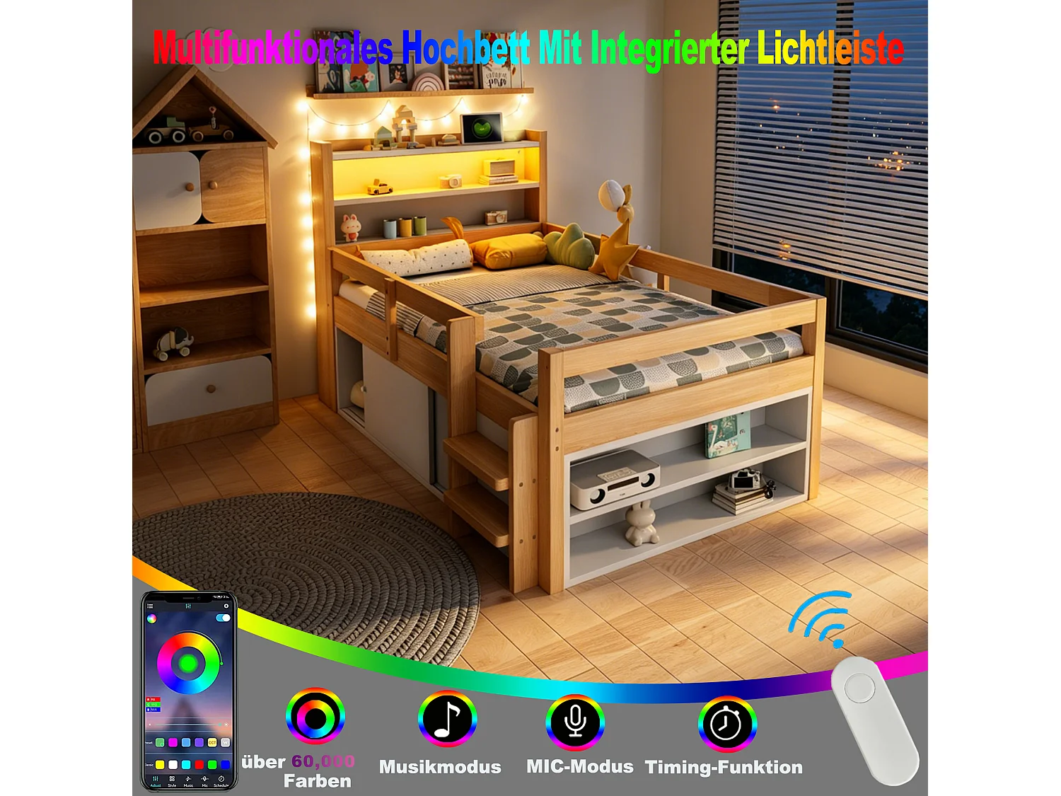 Lit enfant mezzanine 90 x 200 cm avec 2 portes coulissantes, étagères, LED et ports USB - Pin et MDF - Blanc et bois (sans matelas)