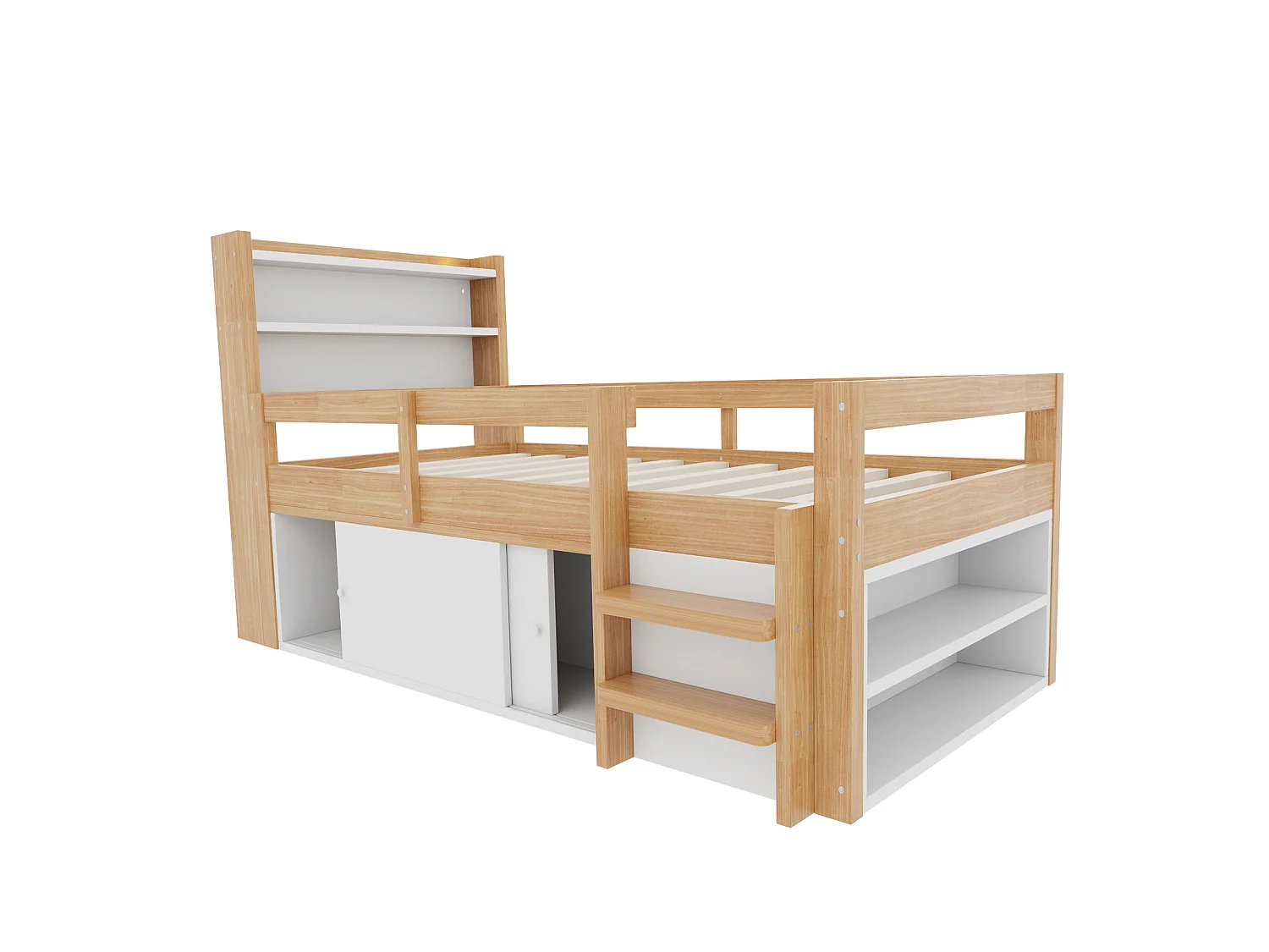 Lit enfant mezzanine 90 x 200 cm avec 2 portes coulissantes, étagères, LED et ports USB - Pin et MDF - Blanc et bois (sans matelas)