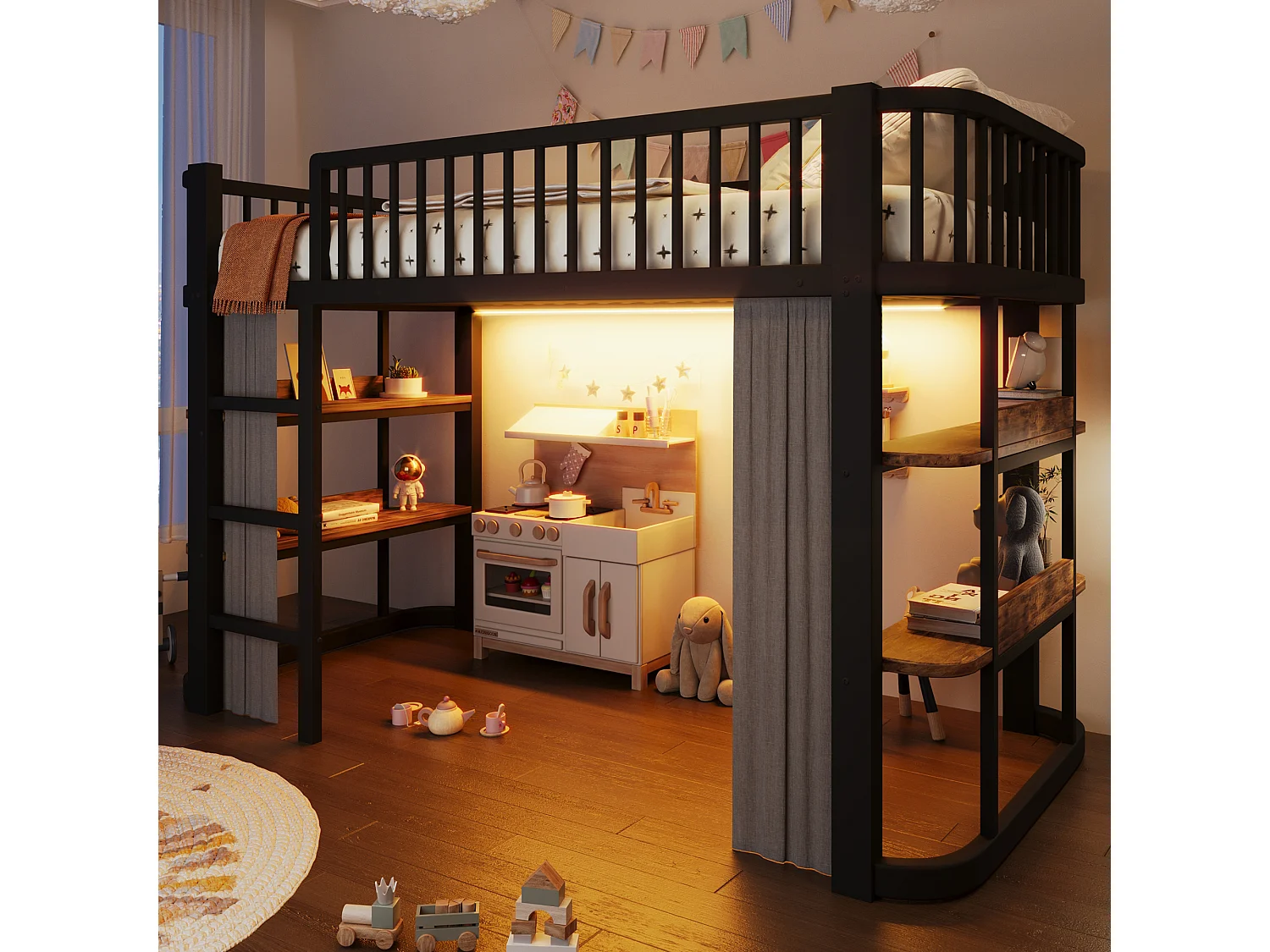 Hochbett für Kinder 90 x 200 cm mit Verdunkelungsvorhängen, Regalen, LED-Beleuchtung - Metall + MDF - Schwarz (Matratze nicht im Lieferumfang enthalten)