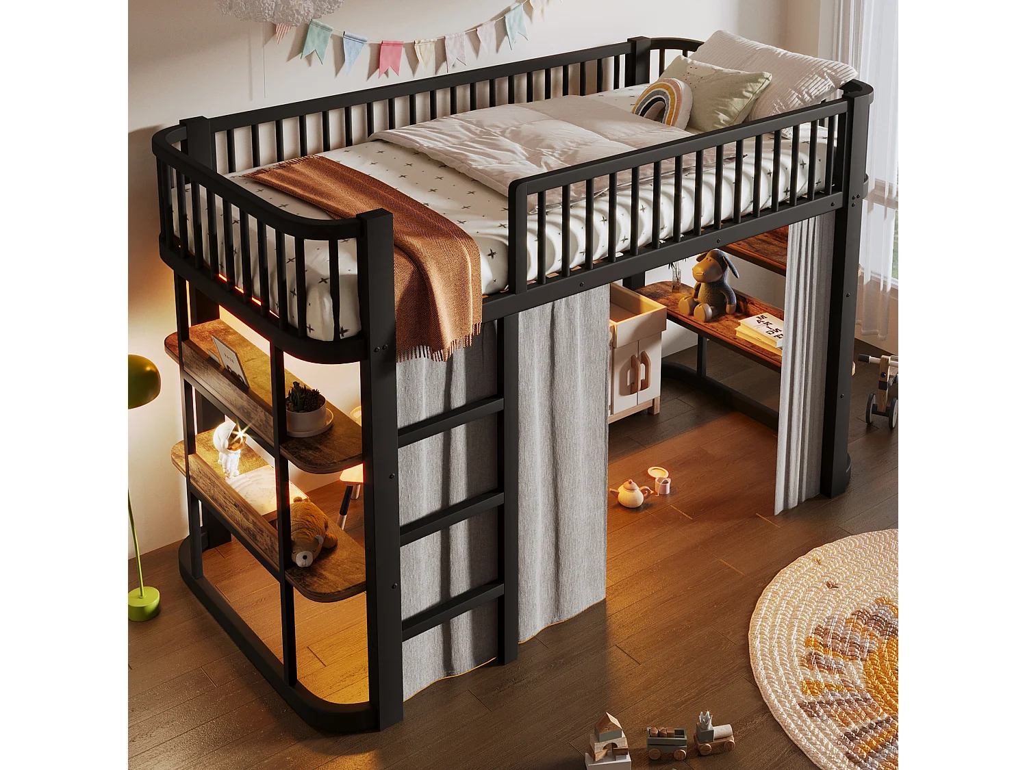 Hochbett für Kinder 90 x 200 cm mit Verdunkelungsvorhängen, Regalen, LED-Beleuchtung - Metall + MDF - Schwarz (Matratze nicht im Lieferumfang enthalten)