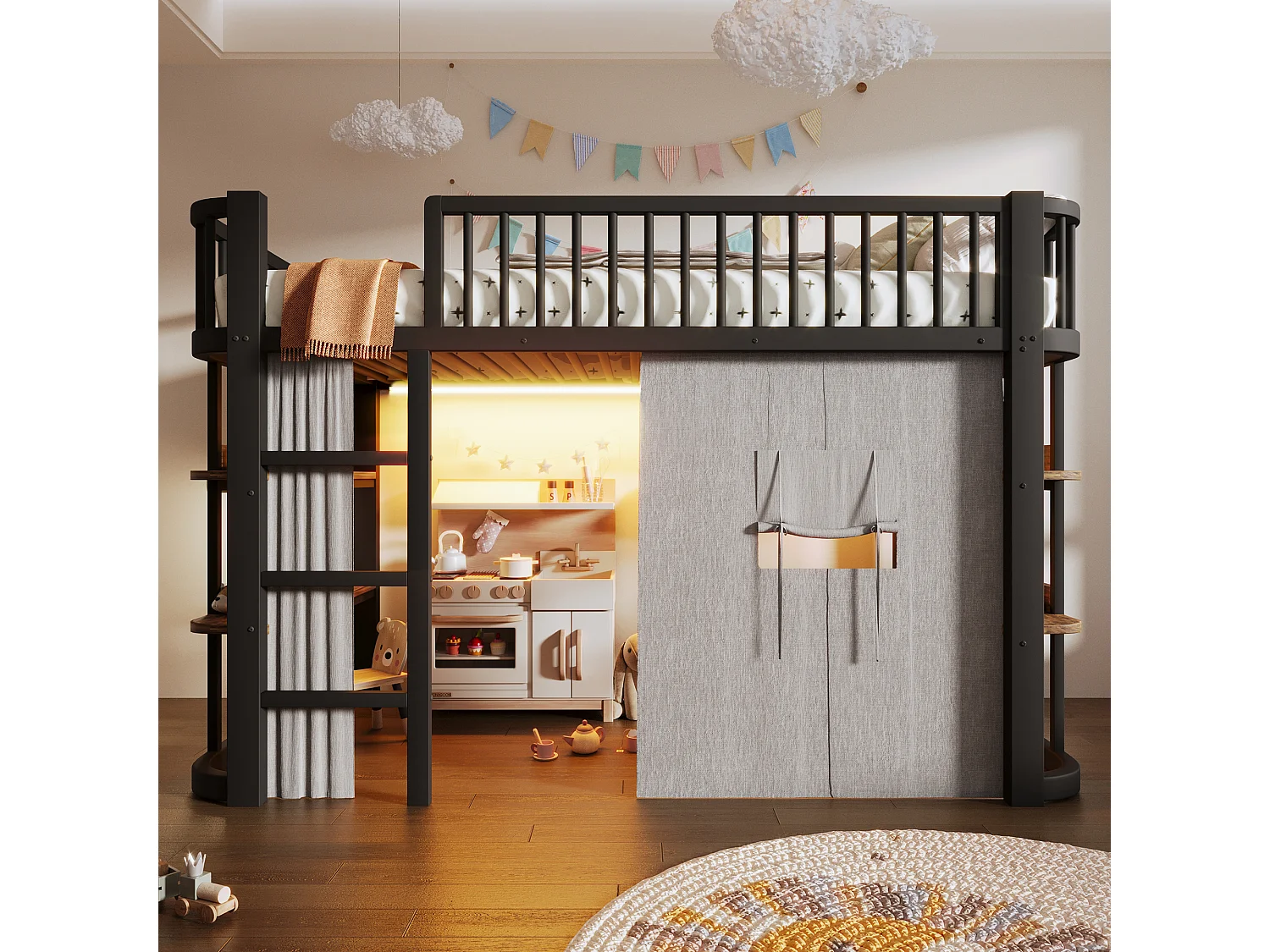 Hochbett für Kinder 90 x 200 cm mit Verdunkelungsvorhängen, Regalen, LED-Beleuchtung - Metall + MDF - Schwarz (Matratze nicht im Lieferumfang enthalten)