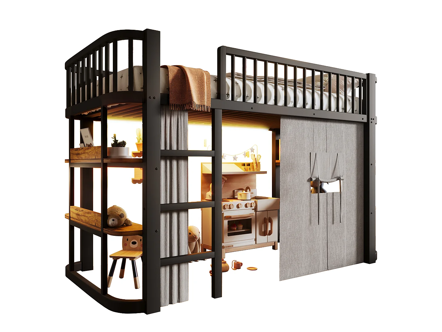 Hochbett für Kinder 90 x 200 cm mit Verdunkelungsvorhängen, Regalen, LED-Beleuchtung - Metall + MDF - Schwarz (Matratze nicht im Lieferumfang enthalten)