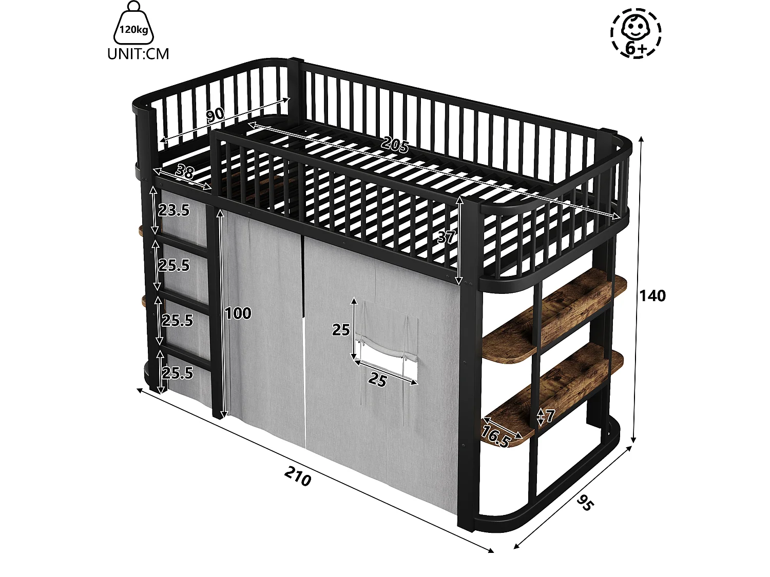Hochbett für Kinder 90 x 200 cm mit Verdunkelungsvorhängen, Regalen, LED-Beleuchtung - Metall + MDF - Schwarz (Matratze nicht im Lieferumfang enthalten)