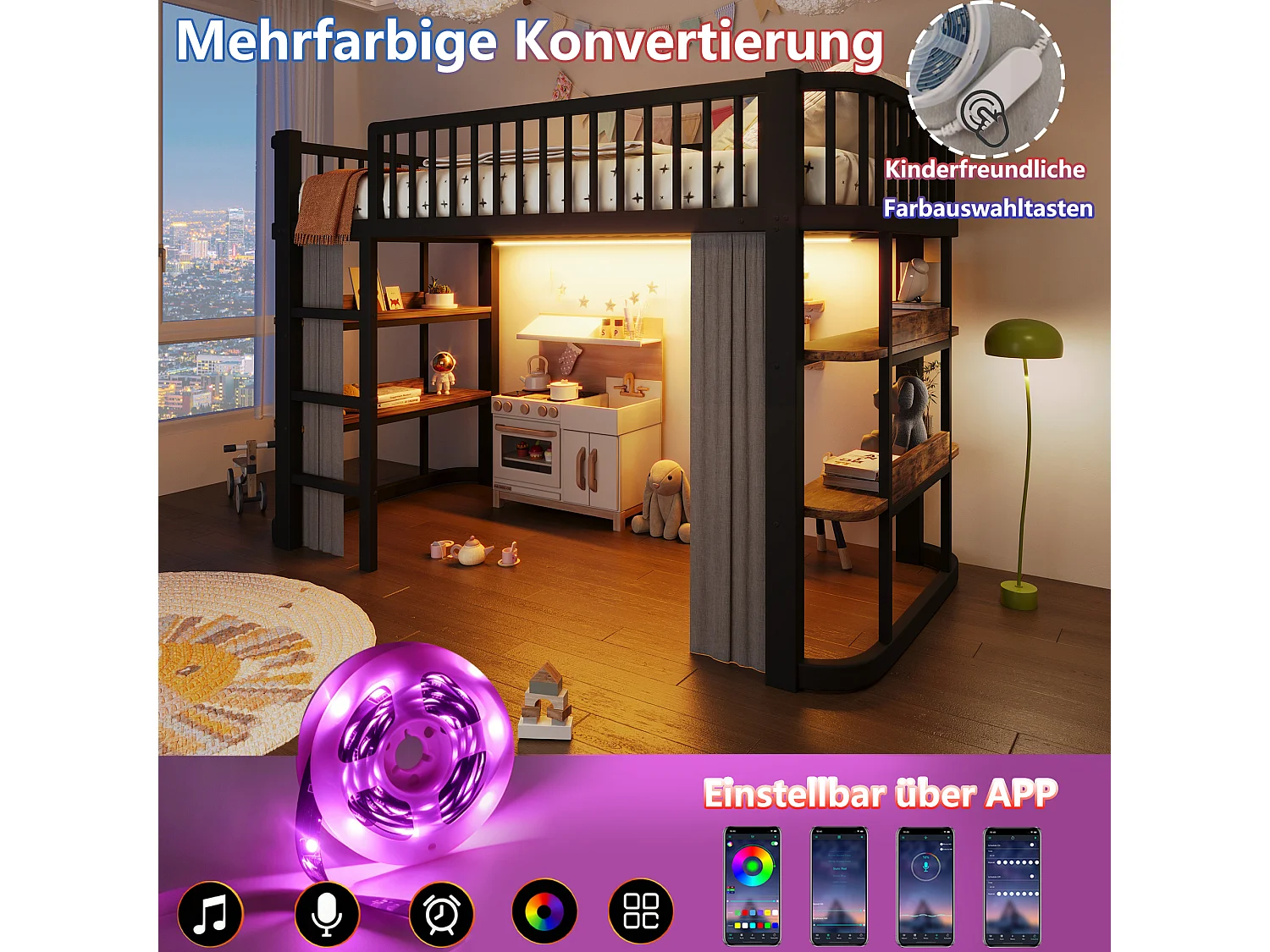 Hochbett für Kinder 90 x 200 cm mit Verdunkelungsvorhängen, Regalen, LED-Beleuchtung - Metall + MDF - Schwarz (Matratze nicht im Lieferumfang enthalten)