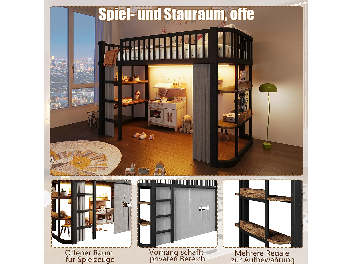 Hochbett für Kinder 90 x 200 cm mit Verdunkelungsvorhängen, Regalen, LED-Beleuchtung - Metall + MDF - Schwarz (Matratze nicht im Lieferumfang enthalten)