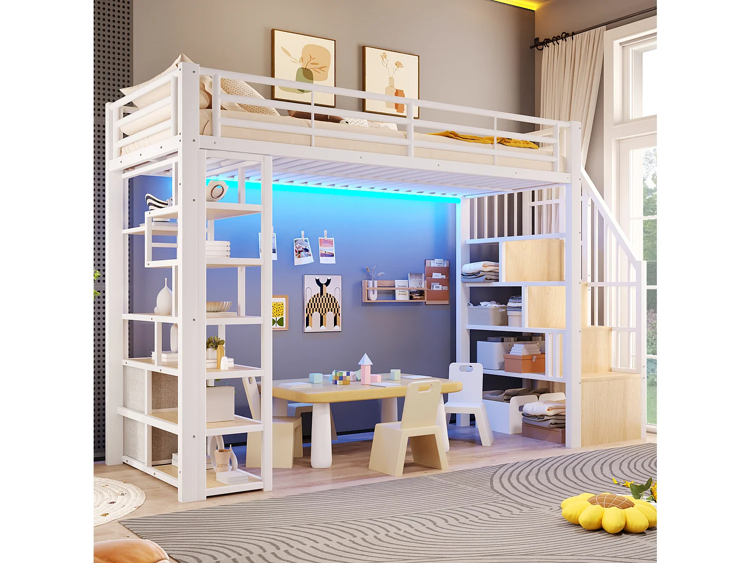 Hochbett 90 x 200 cm mit Stauraumtreppe, 2 Stoffschubladen und Regalen – Metall und MDF – LED – Weiß (Matratze nicht enthalten)