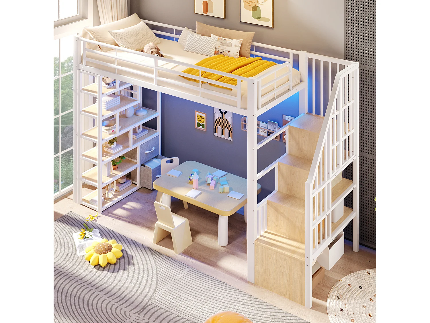 Hochbett 90 x 200 cm mit Stauraumtreppe, 2 Stoffschubladen und Regalen – Metall und MDF – LED – Weiß (Matratze nicht enthalten)