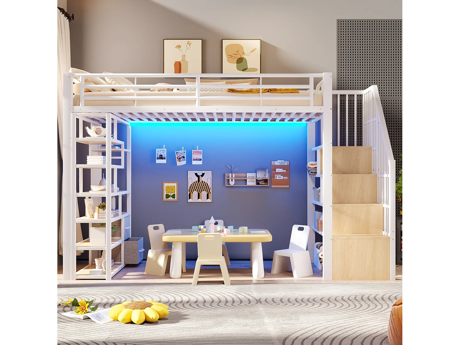 Hochbett 90 x 200 cm mit Stauraumtreppe, 2 Stoffschubladen und Regalen – Metall und MDF – LED – Weiß (Matratze nicht enthalten)