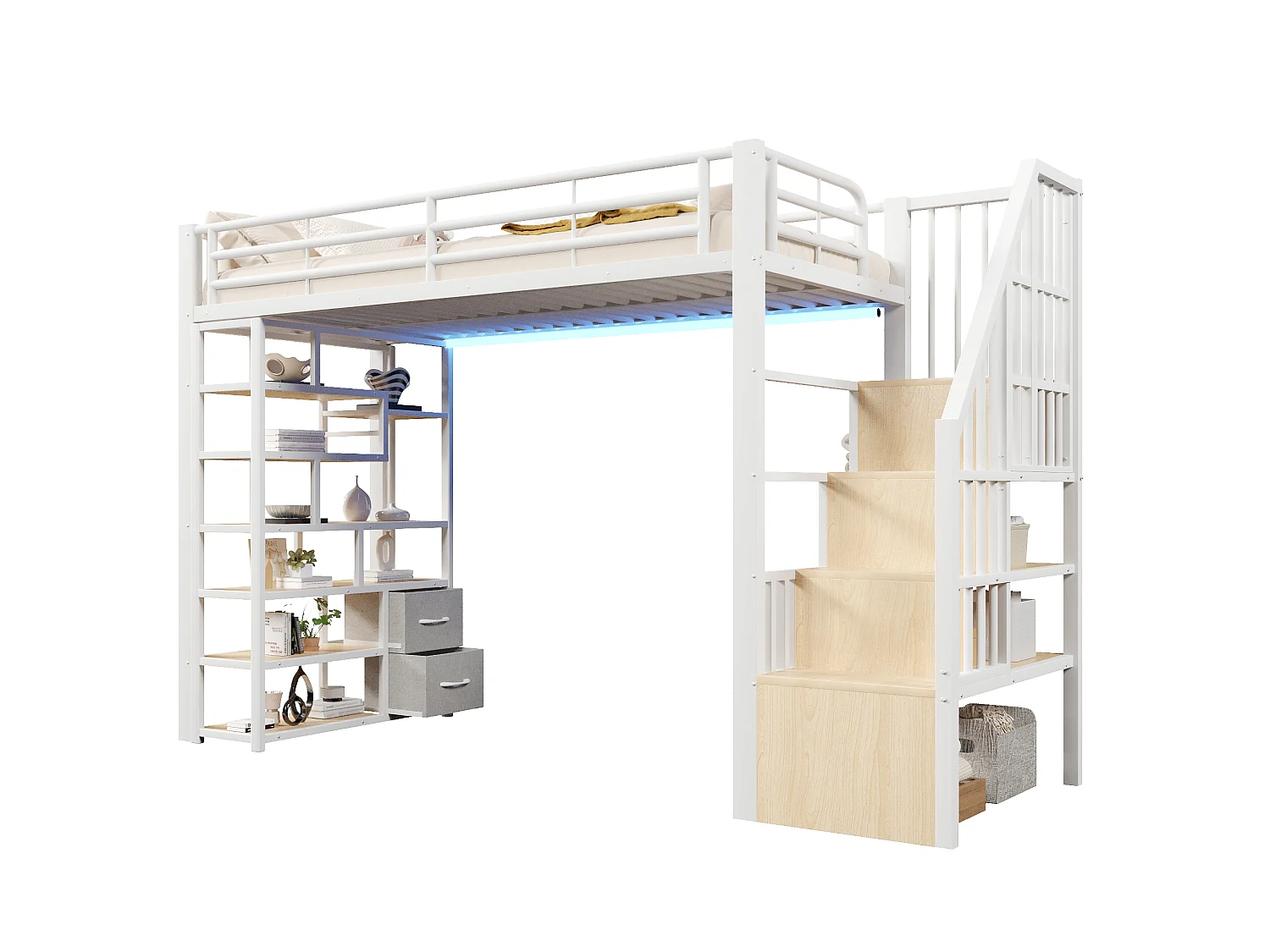 Hochbett 90 x 200 cm mit Stauraumtreppe, 2 Stoffschubladen und Regalen – Metall und MDF – LED – Weiß (Matratze nicht enthalten)