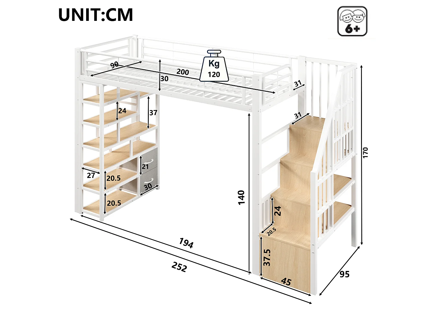 Hochbett 90 x 200 cm mit Stauraumtreppe, 2 Stoffschubladen und Regalen – Metall und MDF – LED – Weiß (Matratze nicht enthalten)