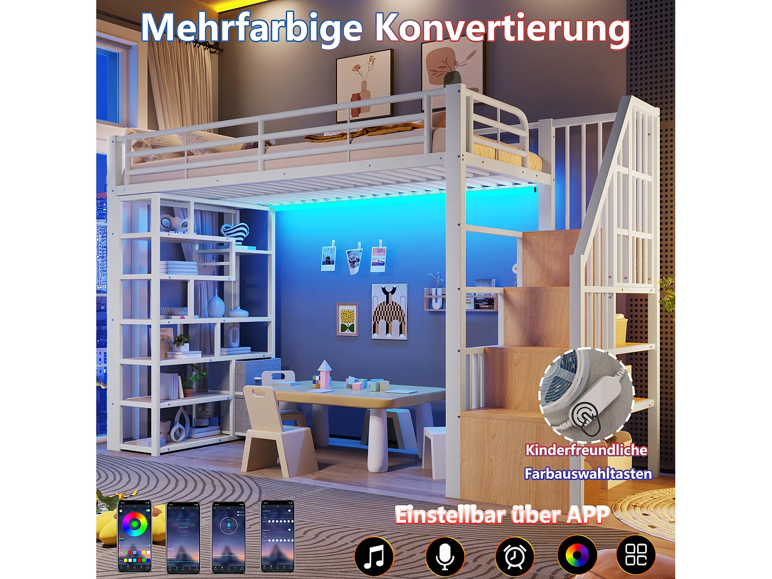 Hochbett 90 x 200 cm mit Stauraumtreppe, 2 Stoffschubladen und Regalen – Metall und MDF – LED – Weiß (Matratze nicht enthalten)