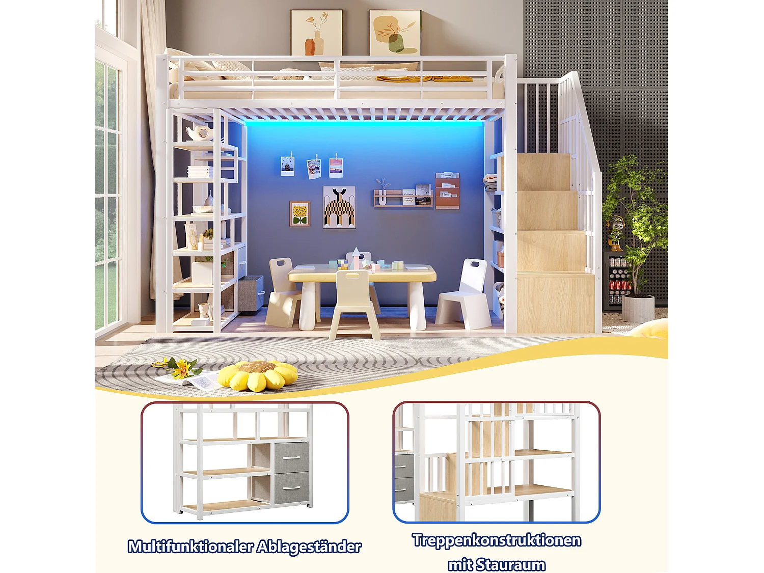 Hochbett 90 x 200 cm mit Stauraumtreppe, 2 Stoffschubladen und Regalen – Metall und MDF – LED – Weiß (Matratze nicht enthalten)