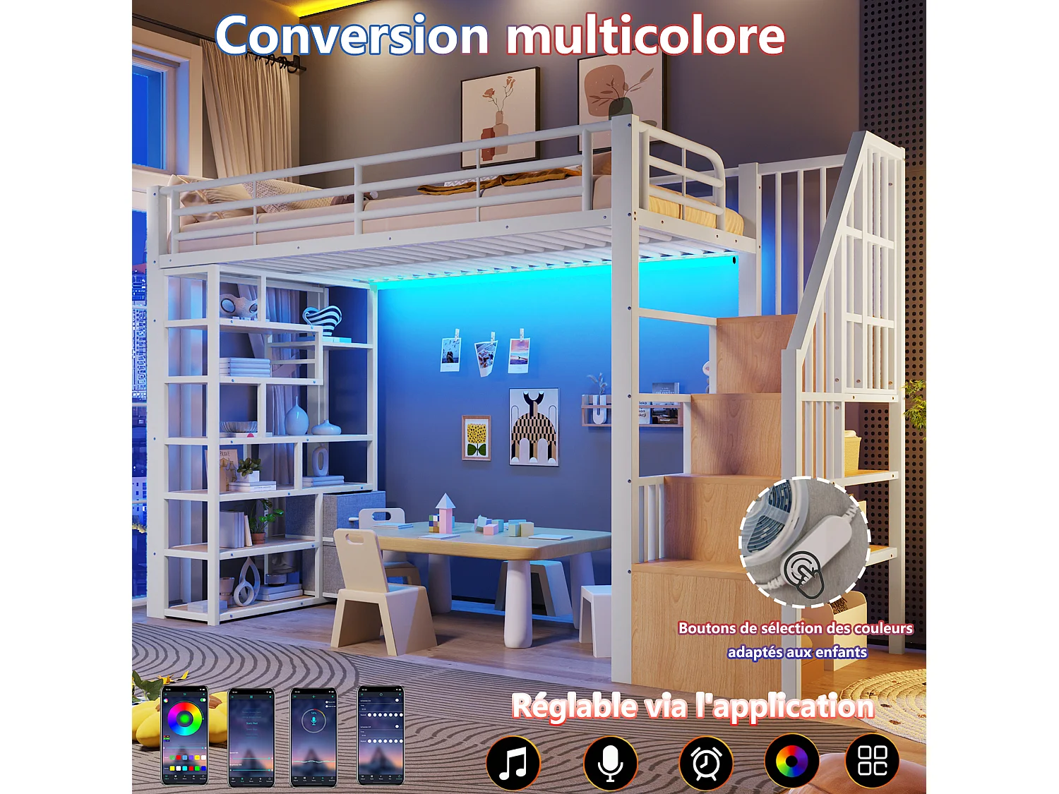 Hochbett 90 x 200 cm mit Stauraumtreppe, 2 Stoffschubladen und Regalen – Metall und MDF – LED – Weiß (Matratze nicht enthalten)