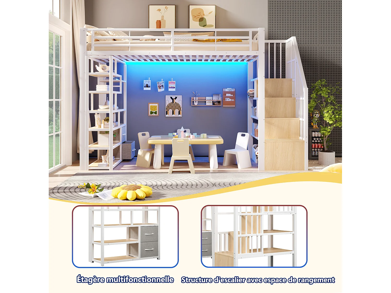 Hochbett 90 x 200 cm mit Stauraumtreppe, 2 Stoffschubladen und Regalen – Metall und MDF – LED – Weiß (Matratze nicht enthalten)