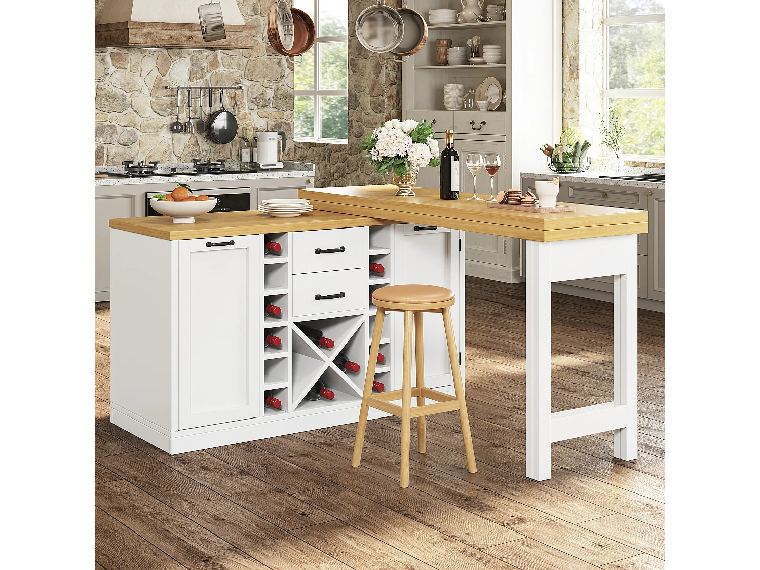 Kücheninsel – 2 Schubladen, 2 Türen, Weinregal, Mülleimerhalter und Ablagen – 120–223 × 40 × 73,8 cm – MDF/Metall – Weiß