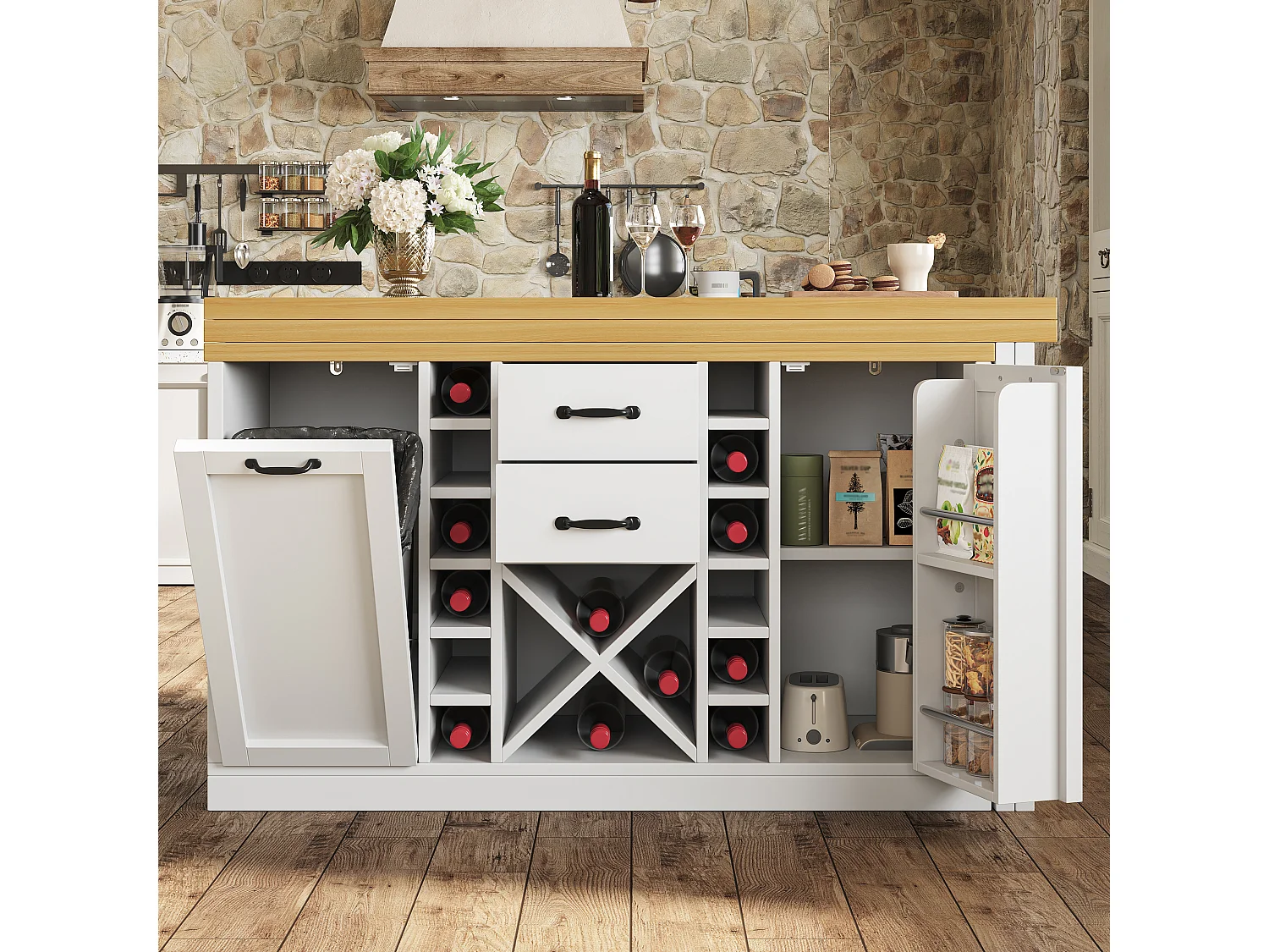 Kücheninsel – 2 Schubladen, 2 Türen, Weinregal, Mülleimerhalter und Ablagen – 120–223 × 40 × 73,8 cm – MDF/Metall – Weiß