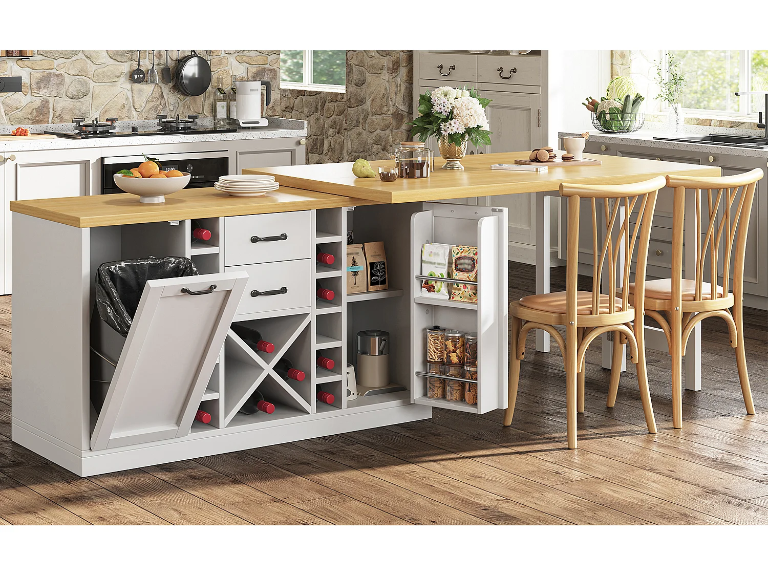 Kücheninsel – 2 Schubladen, 2 Türen, Weinregal, Mülleimerhalter und Ablagen – 120–223 × 40 × 73,8 cm – MDF/Metall – Weiß
