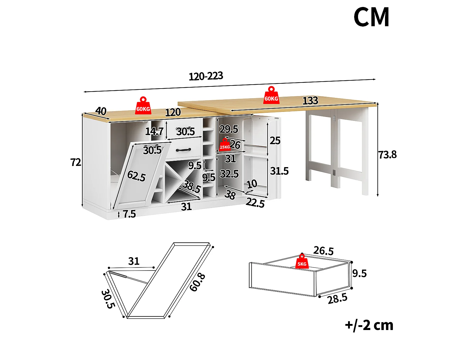 Kücheninsel – 2 Schubladen, 2 Türen, Weinregal, Mülleimerhalter und Ablagen – 120–223 × 40 × 73,8 cm – MDF/Metall – Weiß