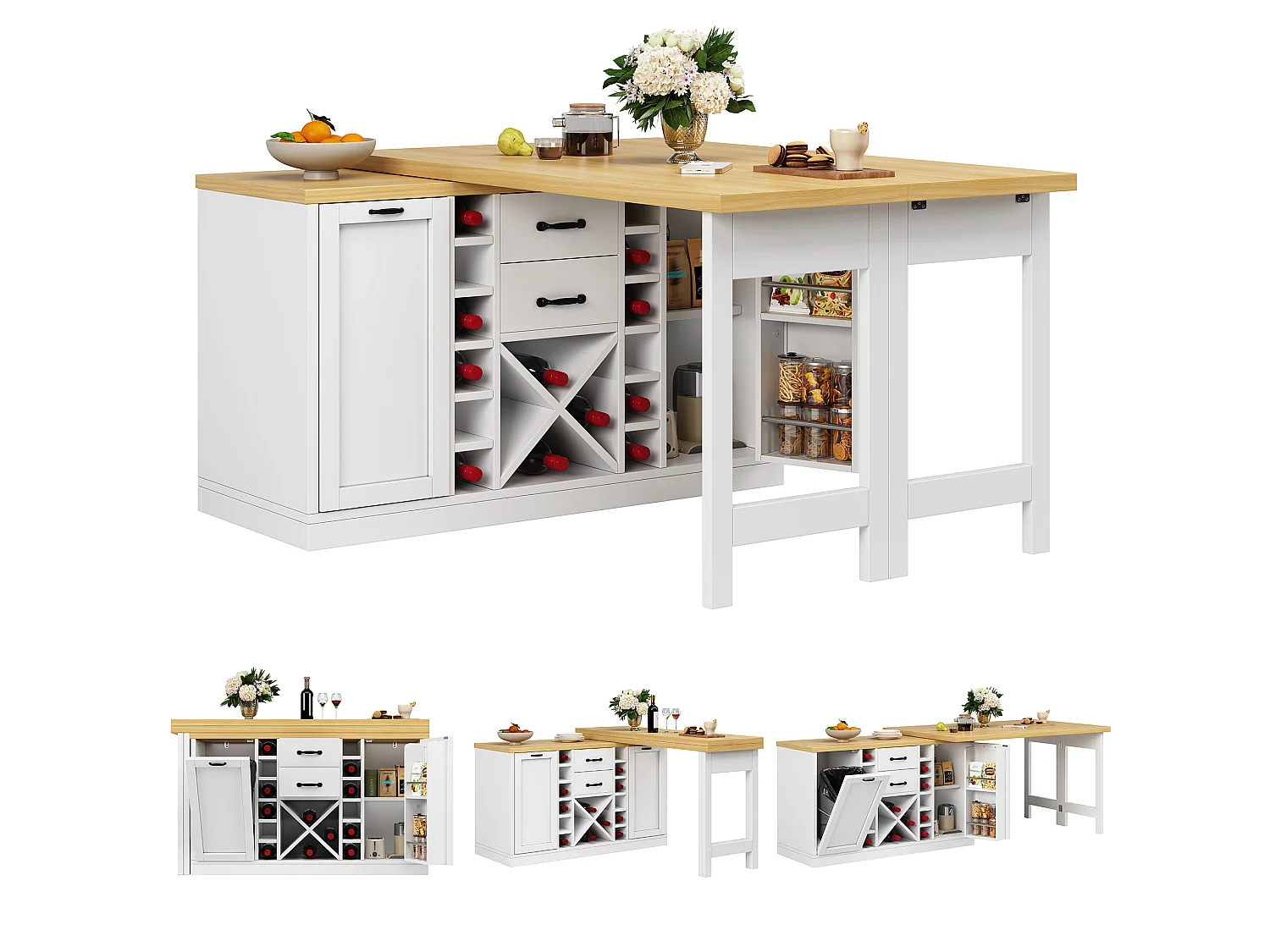 Kücheninsel – 2 Schubladen, 2 Türen, Weinregal, Mülleimerhalter und Ablagen – 120–223 × 40 × 73,8 cm – MDF/Metall – Weiß