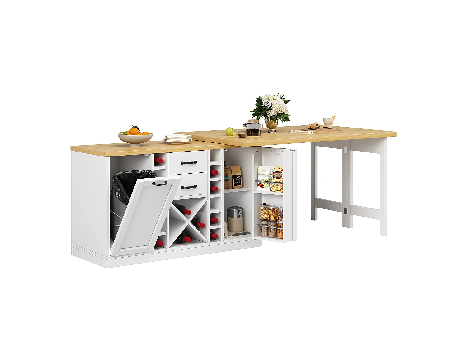 Kücheninsel – 2 Schubladen, 2 Türen, Weinregal, Mülleimerhalter und Ablagen – 120–223 × 40 × 73,8 cm – MDF/Metall – Weiß