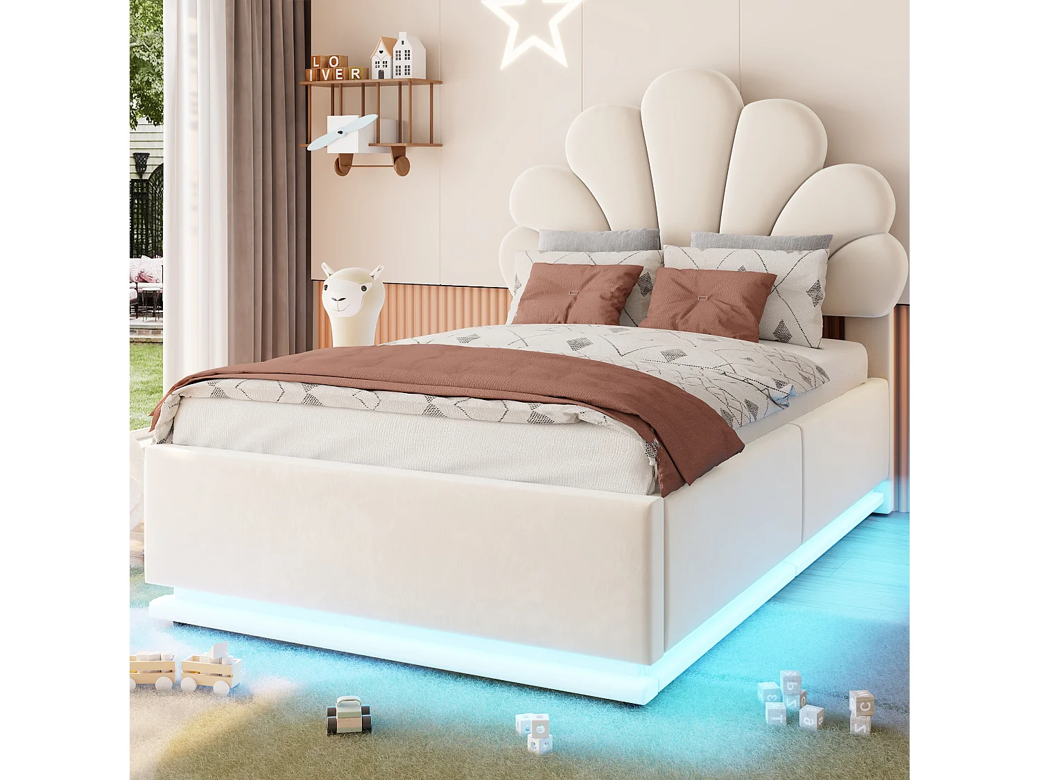 Gepolstertes Bett 90 x 200 cm mit Blumenkopfteil, hydraulischem Staufach und LED-Beleuchtung - Samt + Metall - Beige (Matratze nicht im Lieferumfang enthalten)