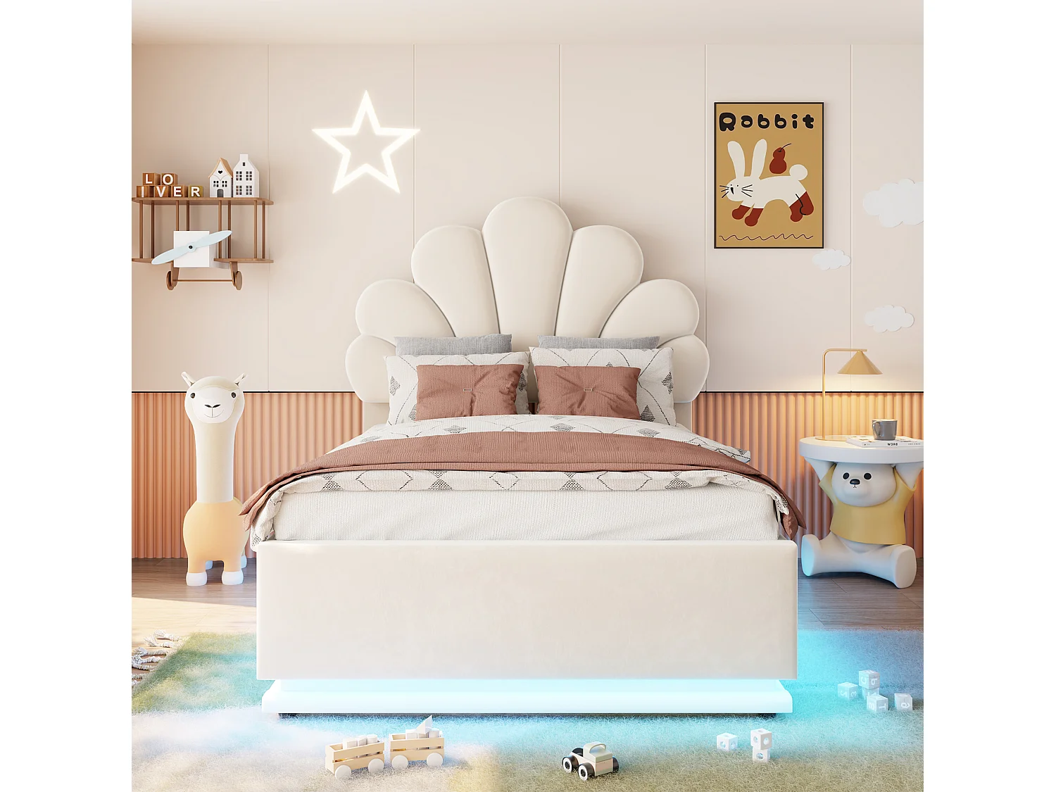 Gepolstertes Bett 90 x 200 cm mit Blumenkopfteil, hydraulischem Staufach und LED-Beleuchtung - Samt + Metall - Beige (Matratze nicht im Lieferumfang enthalten)