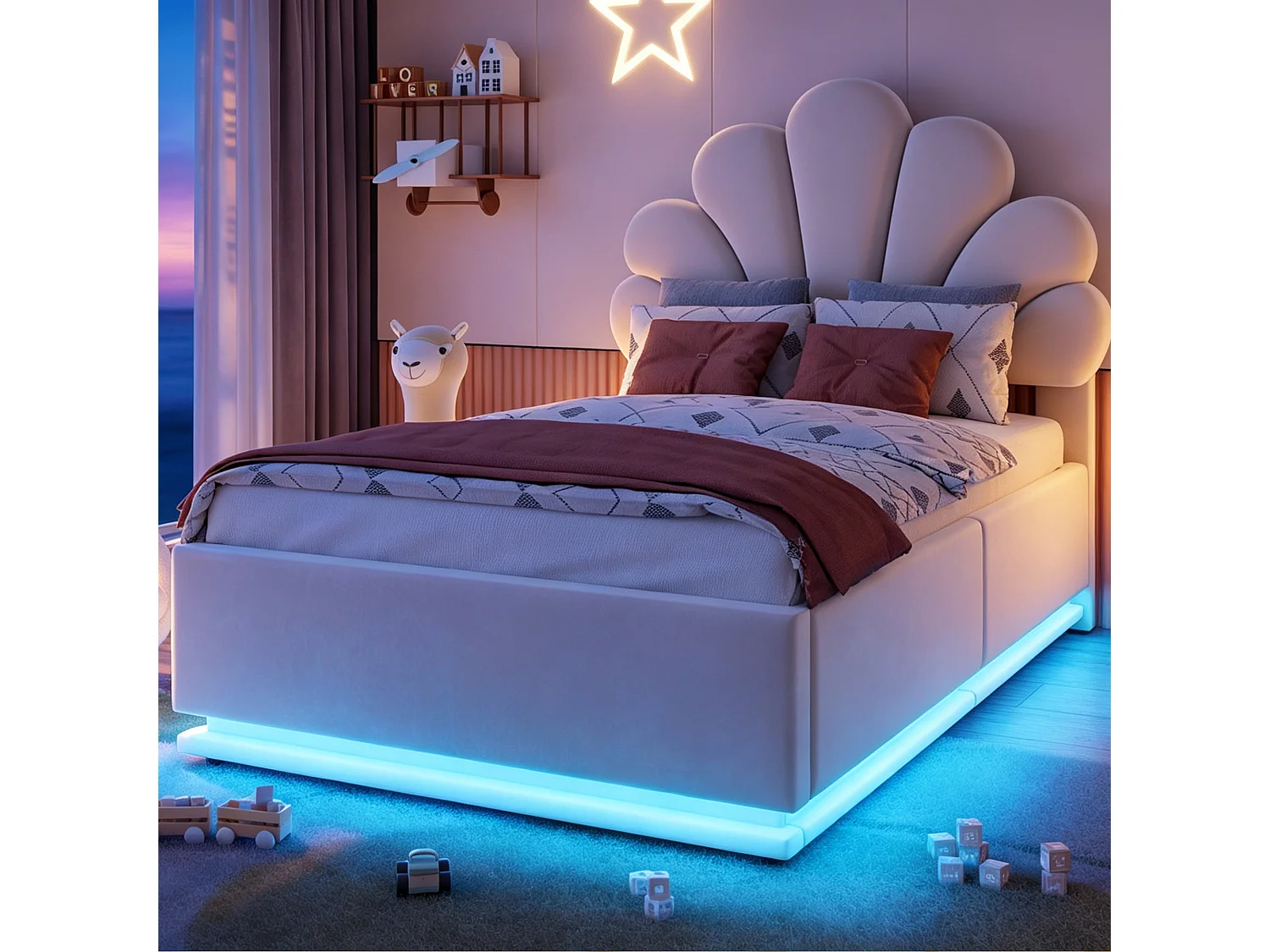 Gepolstertes Bett 90 x 200 cm mit Blumenkopfteil, hydraulischem Staufach und LED-Beleuchtung - Samt + Metall - Beige (Matratze nicht im Lieferumfang enthalten)