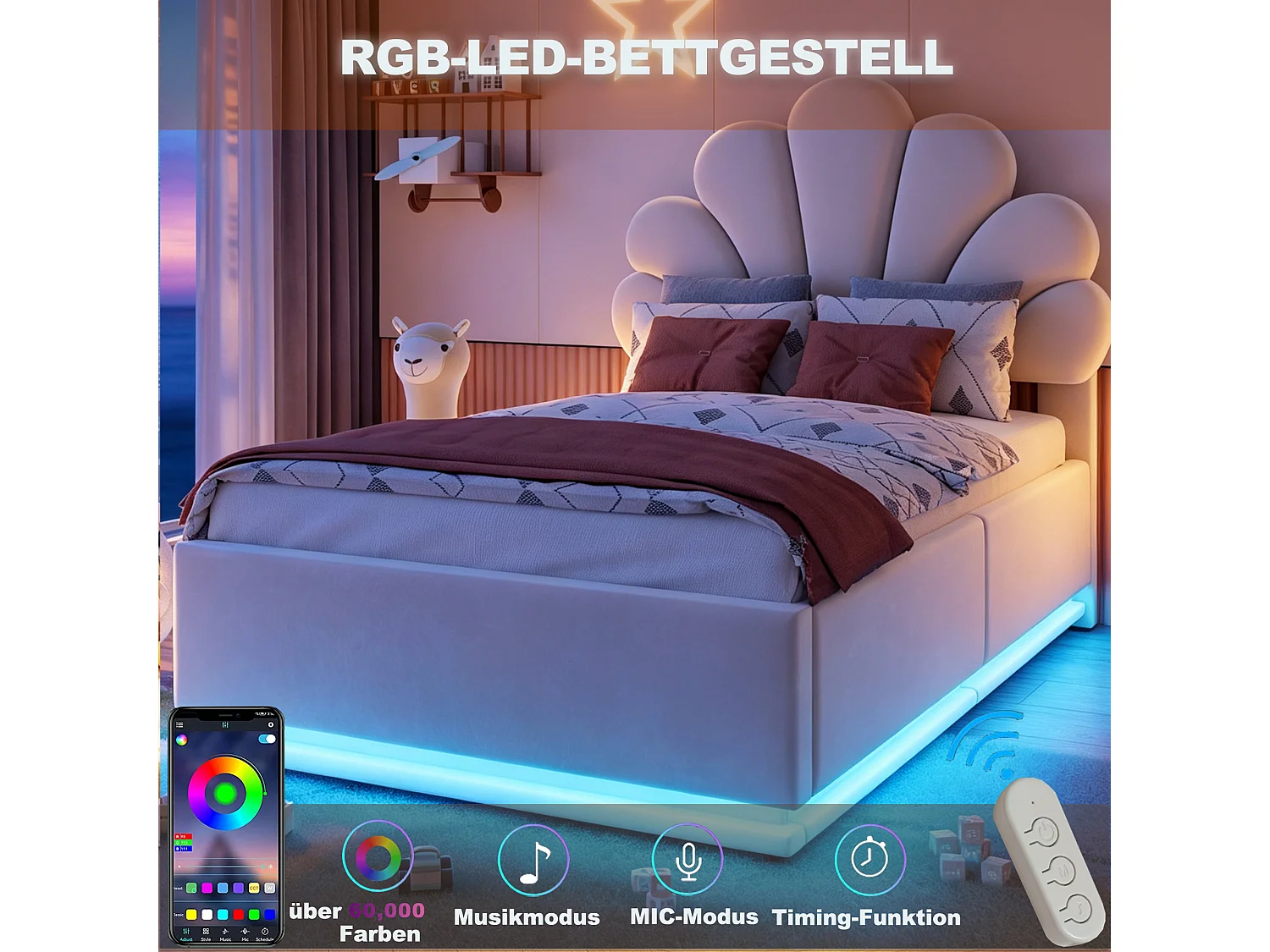 Gepolstertes Bett 90 x 200 cm mit Blumenkopfteil, hydraulischem Staufach und LED-Beleuchtung - Samt + Metall - Beige (Matratze nicht im Lieferumfang enthalten)