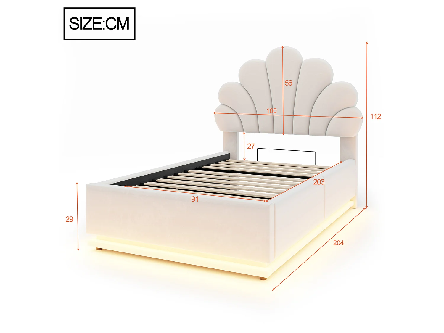 Gepolstertes Bett 90 x 200 cm mit Blumenkopfteil, hydraulischem Staufach und LED-Beleuchtung - Samt + Metall - Beige (Matratze nicht im Lieferumfang enthalten)