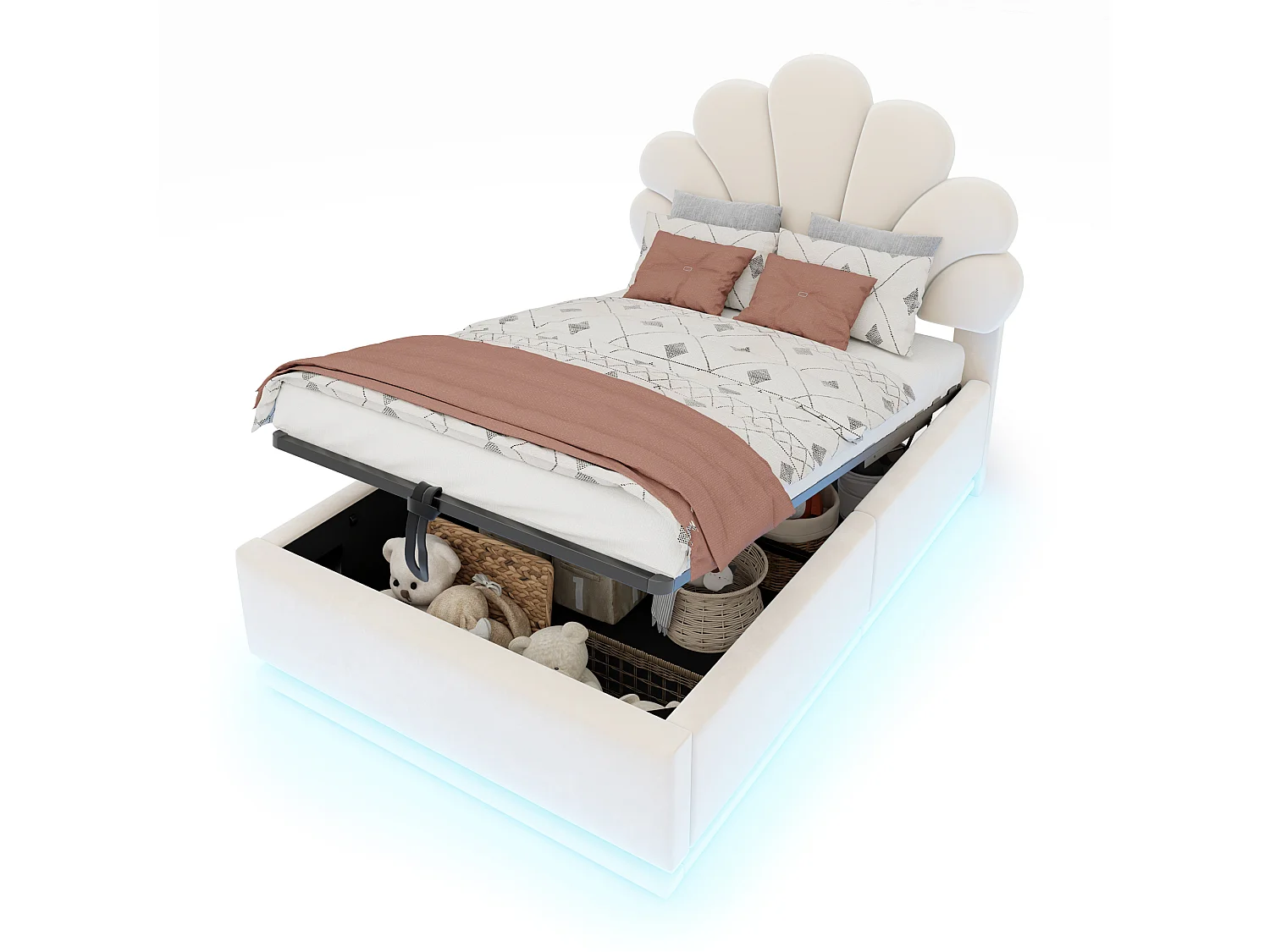 Gepolstertes Bett 90 x 200 cm mit Blumenkopfteil, hydraulischem Staufach und LED-Beleuchtung - Samt + Metall - Beige (Matratze nicht im Lieferumfang enthalten)