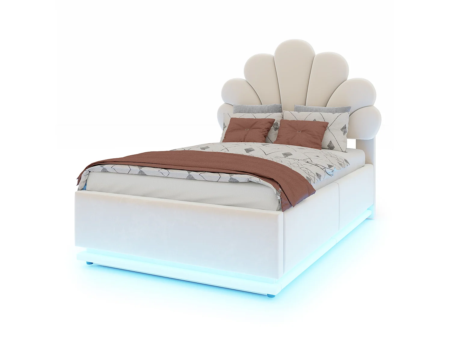 Gepolstertes Bett 90 x 200 cm mit Blumenkopfteil, hydraulischem Staufach und LED-Beleuchtung - Samt + Metall - Beige (Matratze nicht im Lieferumfang enthalten)