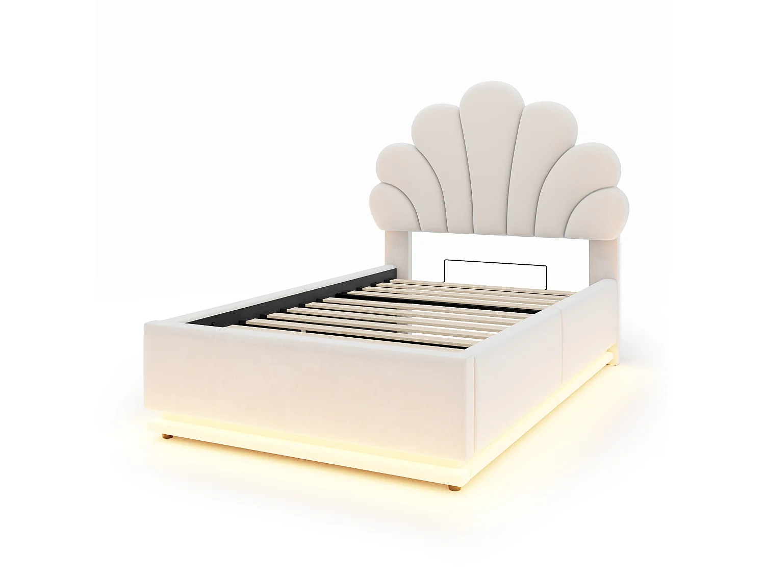 Gepolstertes Bett 90 x 200 cm mit Blumenkopfteil, hydraulischem Staufach und LED-Beleuchtung - Samt + Metall - Beige (Matratze nicht im Lieferumfang enthalten)