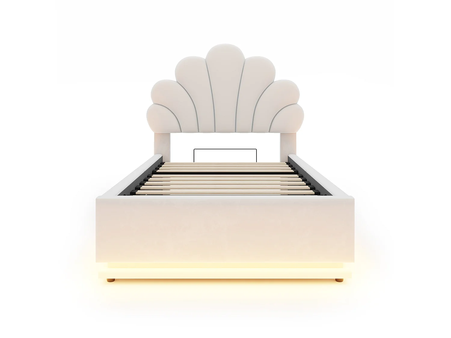 Gepolstertes Bett 90 x 200 cm mit Blumenkopfteil, hydraulischem Staufach und LED-Beleuchtung - Samt + Metall - Beige (Matratze nicht im Lieferumfang enthalten)
