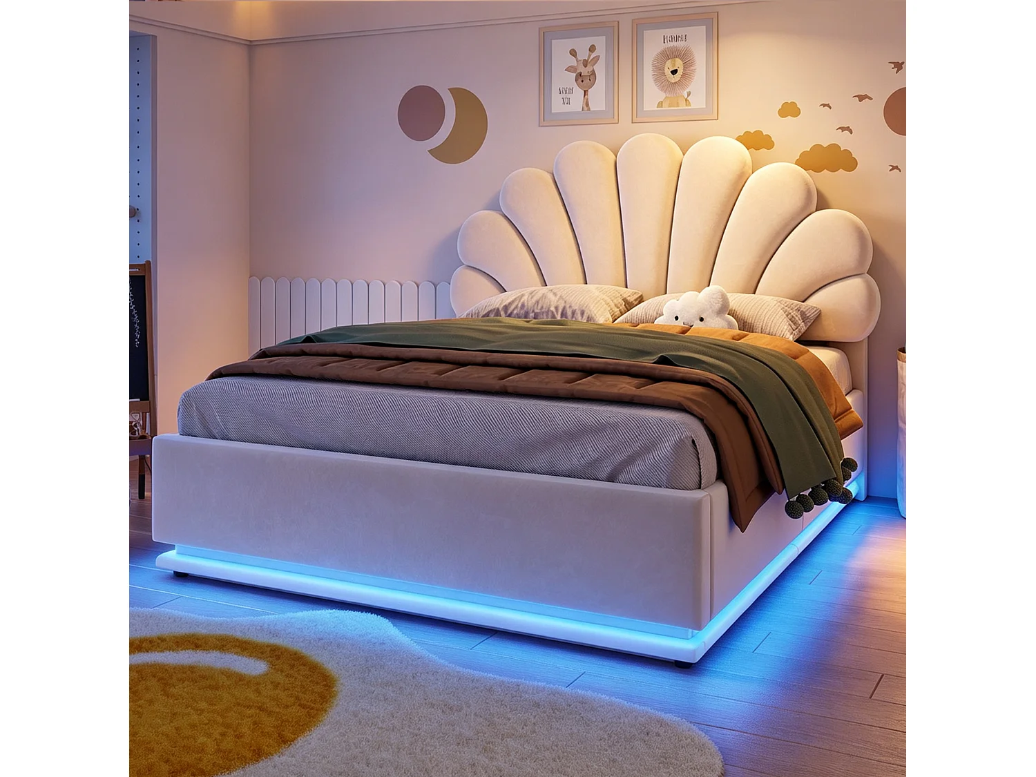 Klädd dubbelsäng 140 x 200 cm med blommig huvudgavel, hydrauliskt förvaringsfack och LED-belysning - Sammet + metall - Beige (Madrass ingår ej)