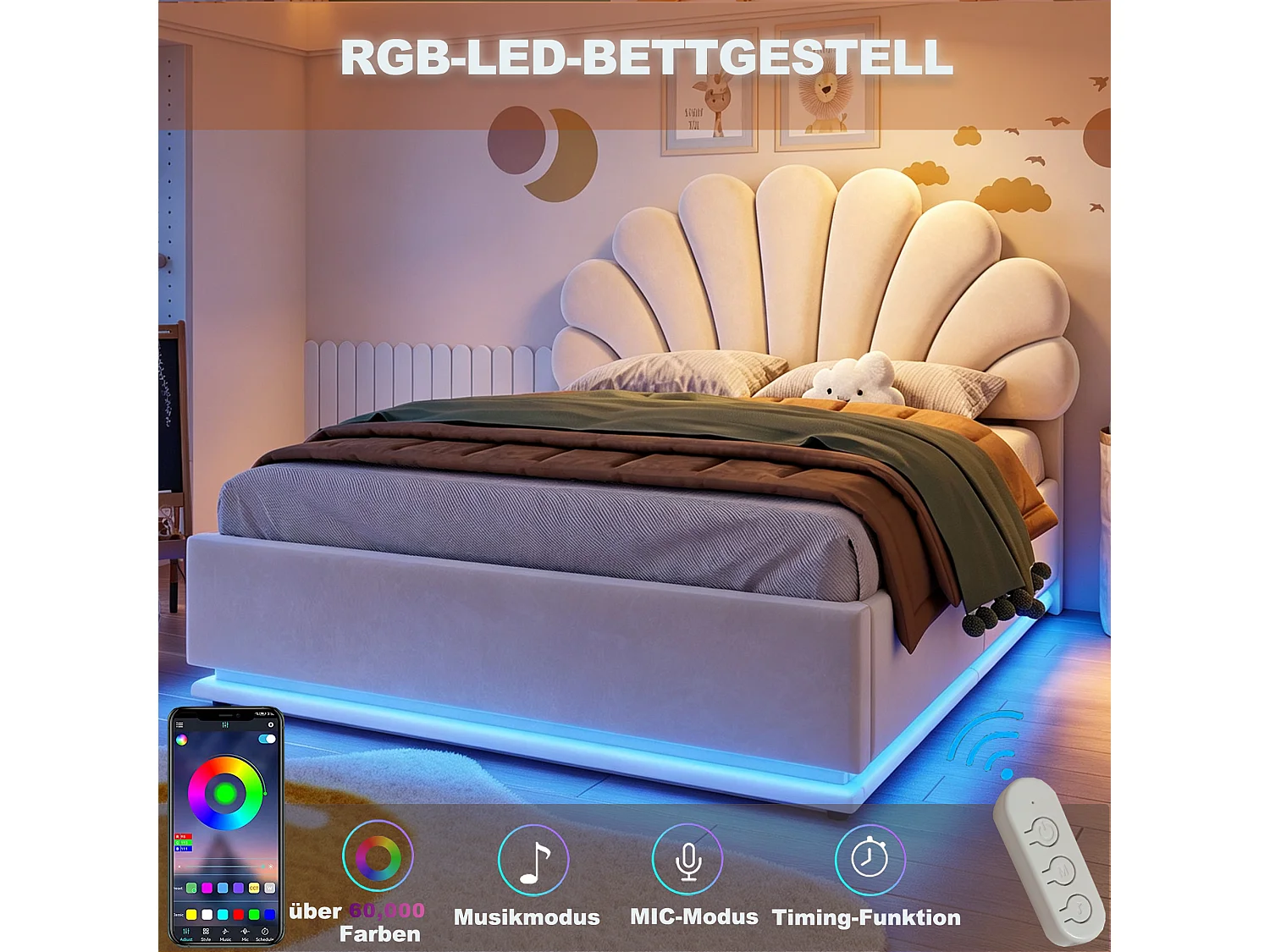 Klädd dubbelsäng 140 x 200 cm med blommig huvudgavel, hydrauliskt förvaringsfack och LED-belysning - Sammet + metall - Beige (Madrass ingår ej)