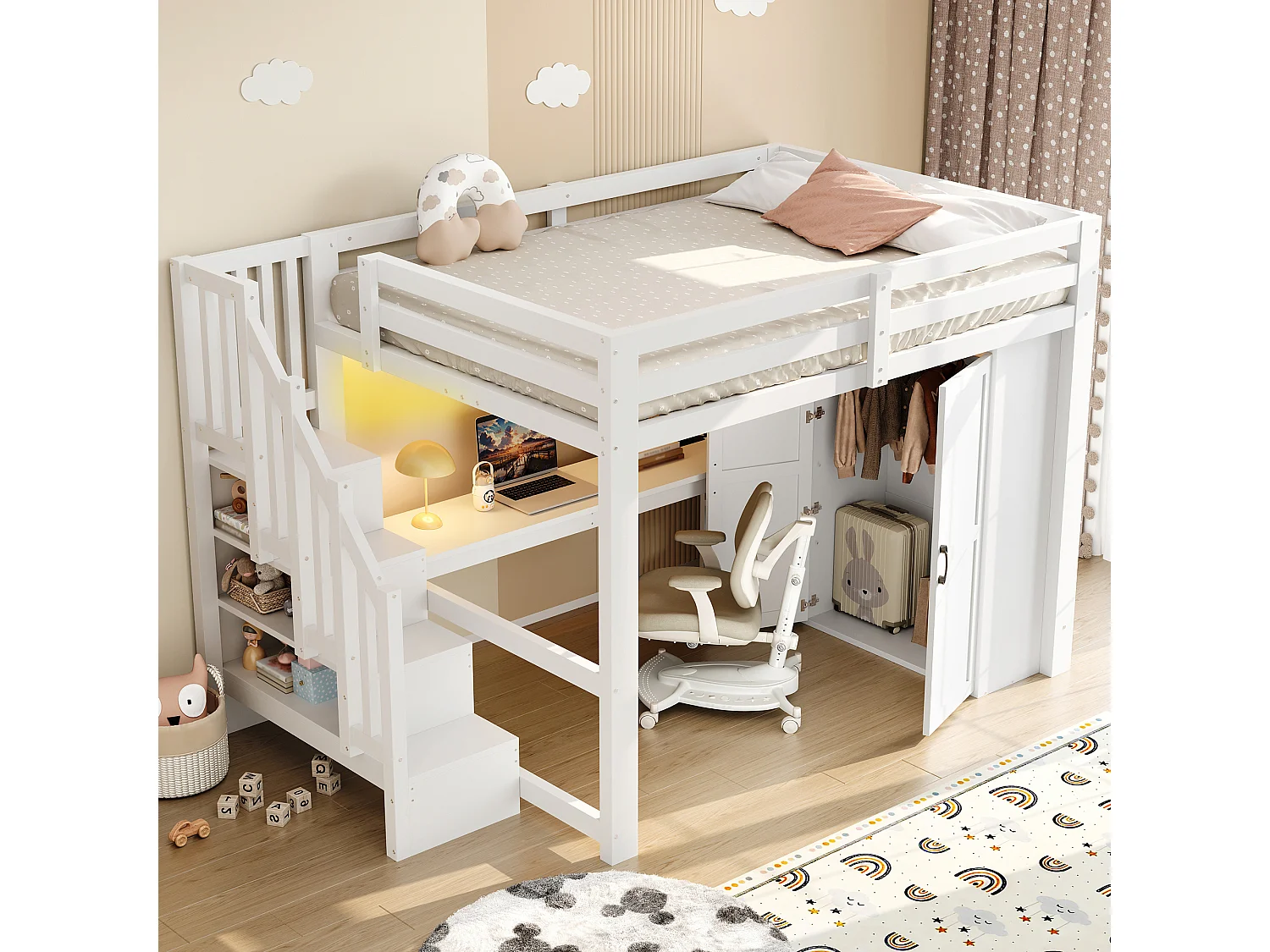 Loft bed 140 x 200 cm with desk, wardrobe and shelves - MDF + pine - LED lighting and USB port - White (mattress not included)