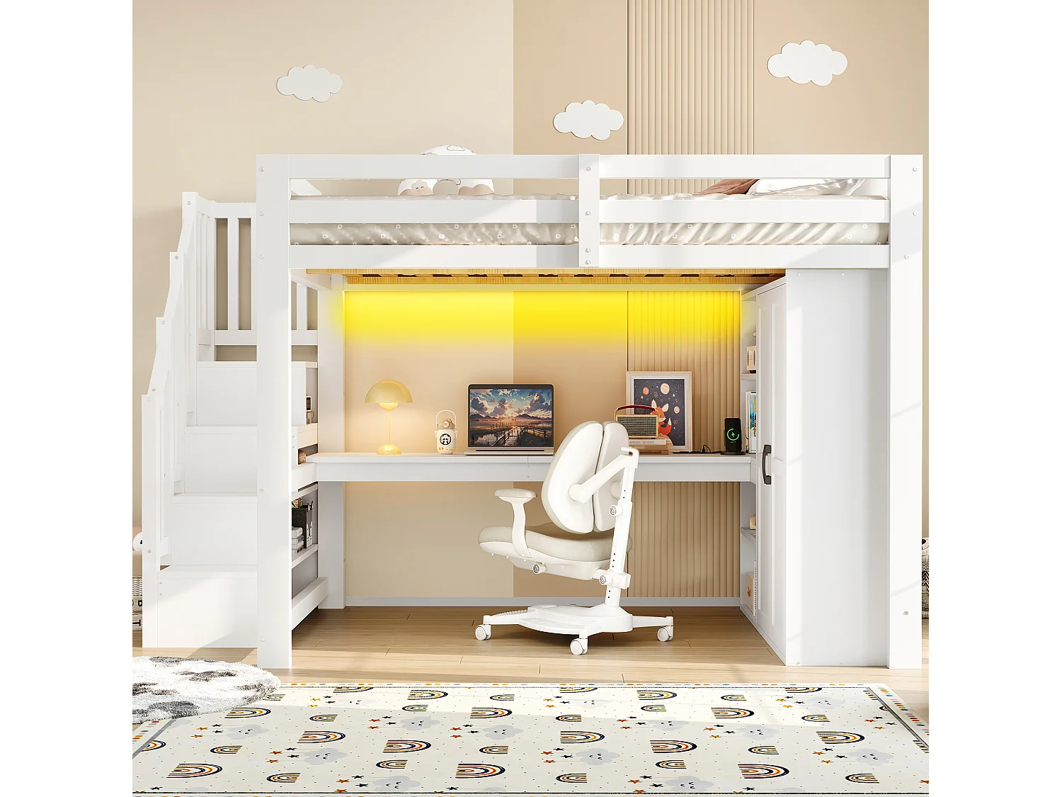 Loft bed 140 x 200 cm with desk, wardrobe and shelves - MDF + pine - LED lighting and USB port - White (mattress not included)