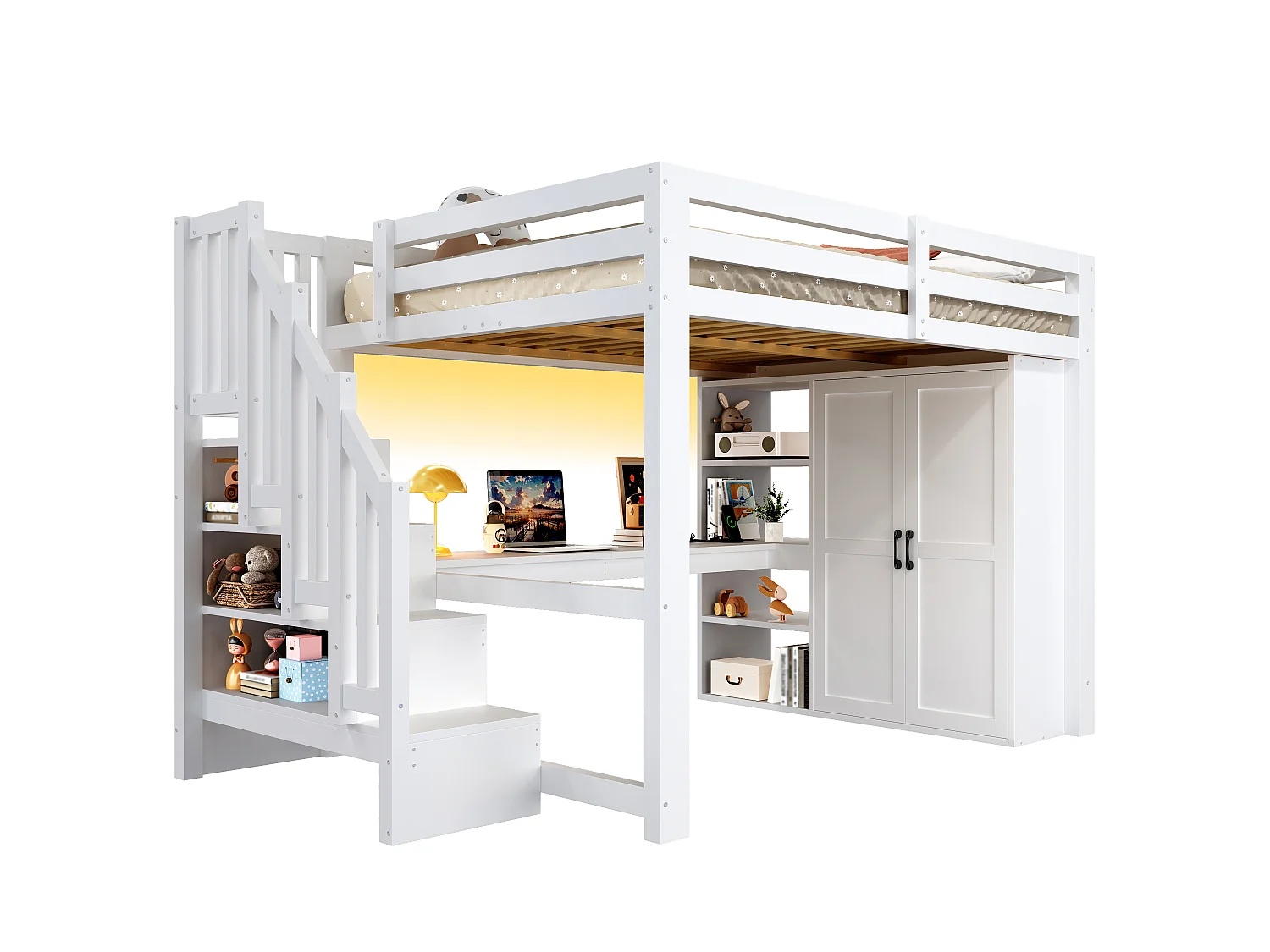 Loft bed 140 x 200 cm with desk, wardrobe and shelves - MDF + pine - LED lighting and USB port - White (mattress not included)